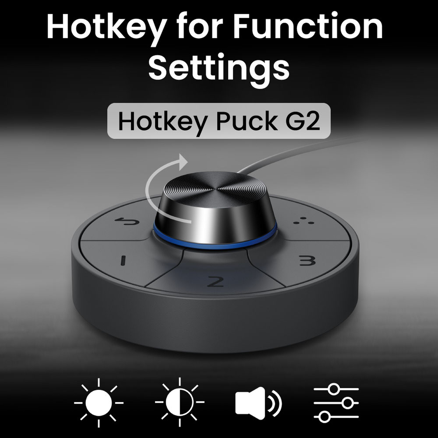 Un Hotkey Puck G2 con manopola e pulsanti su sfondo scuro.
