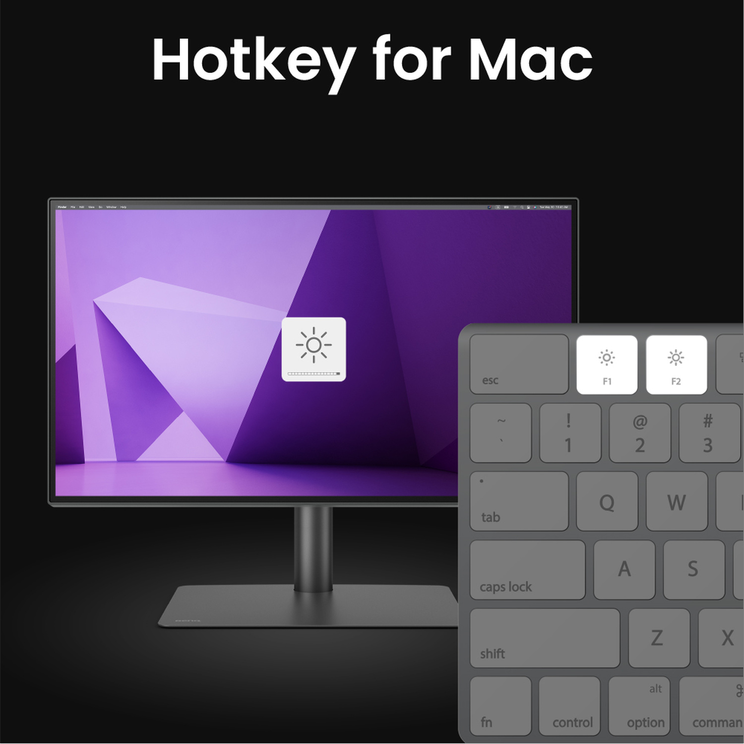Tastiera Mac con tasti luminosità F1/F2 e monitor con sfondo viola.