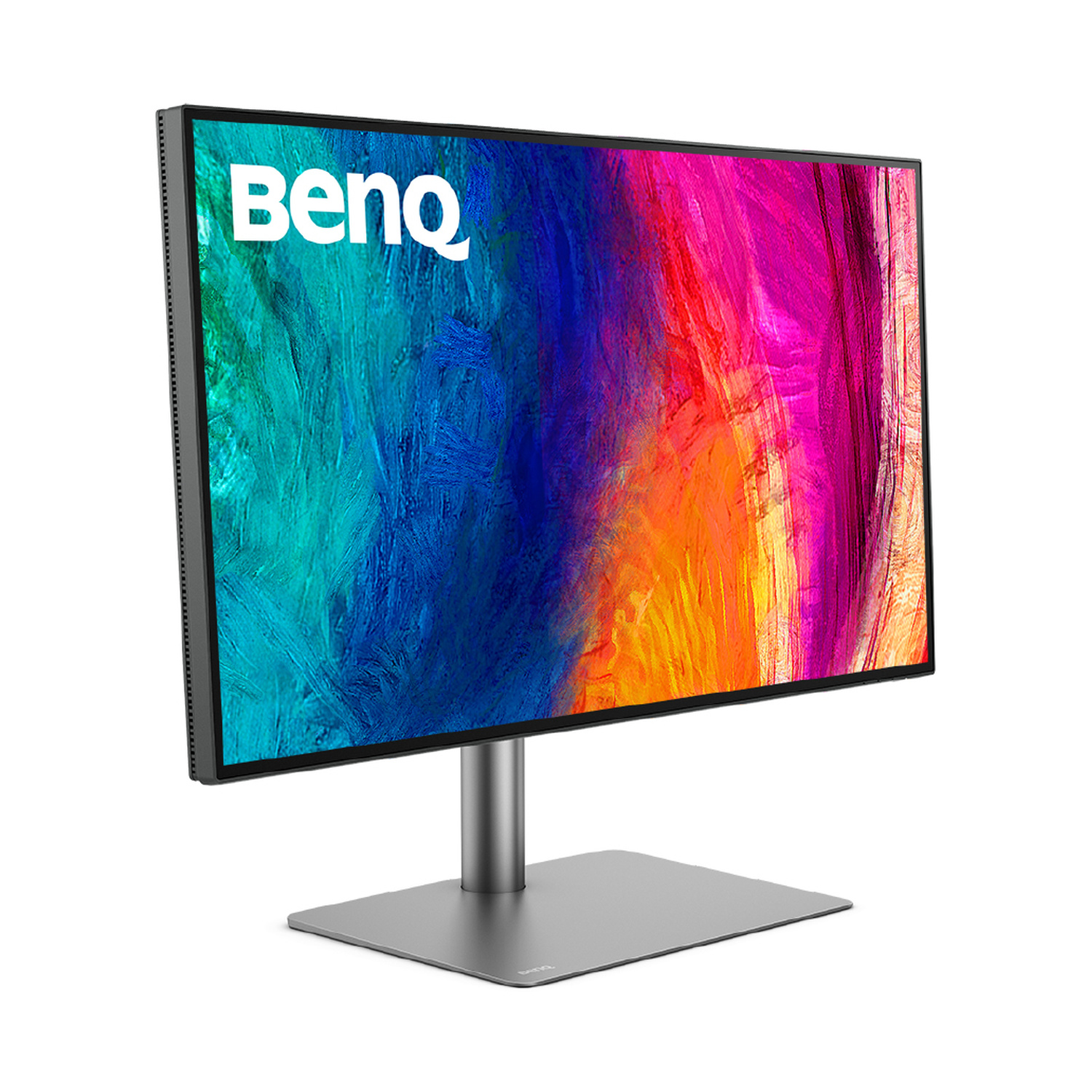 Un monitor BenQ mostra un dipinto astratto colorato con supporto e base grigi.