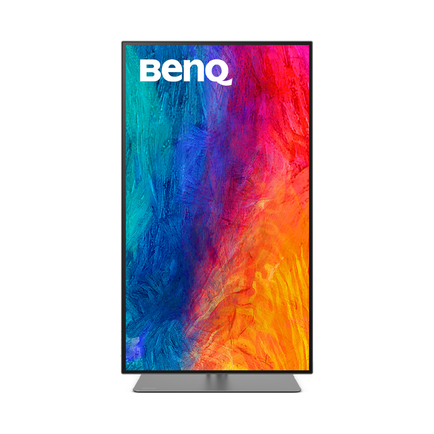 Un monitor BenQ con sfondo astratto colorato e supporto argentato.