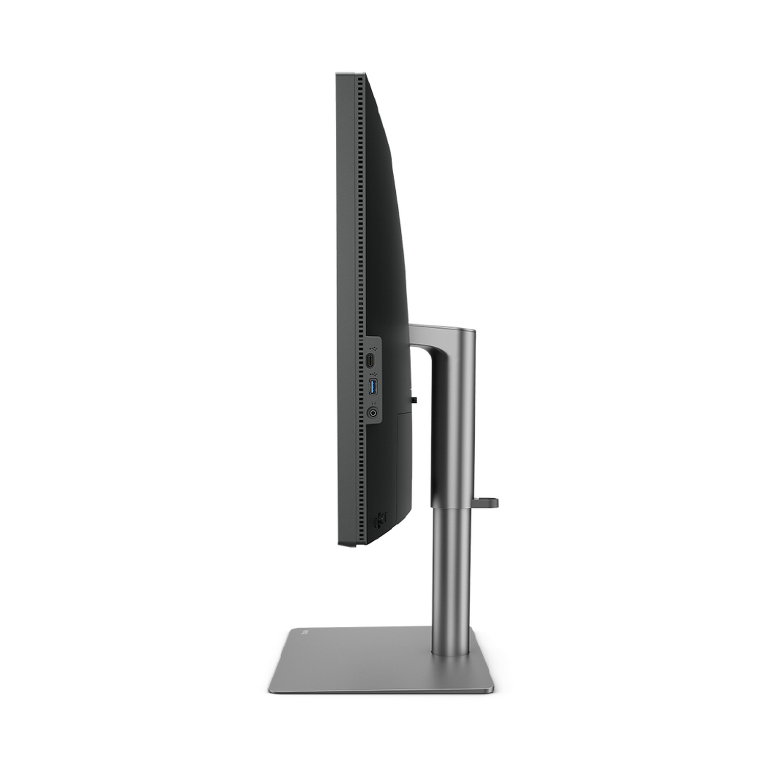 Vista laterale di un monitor per computer moderno ed elegante su un supporto minimalista.