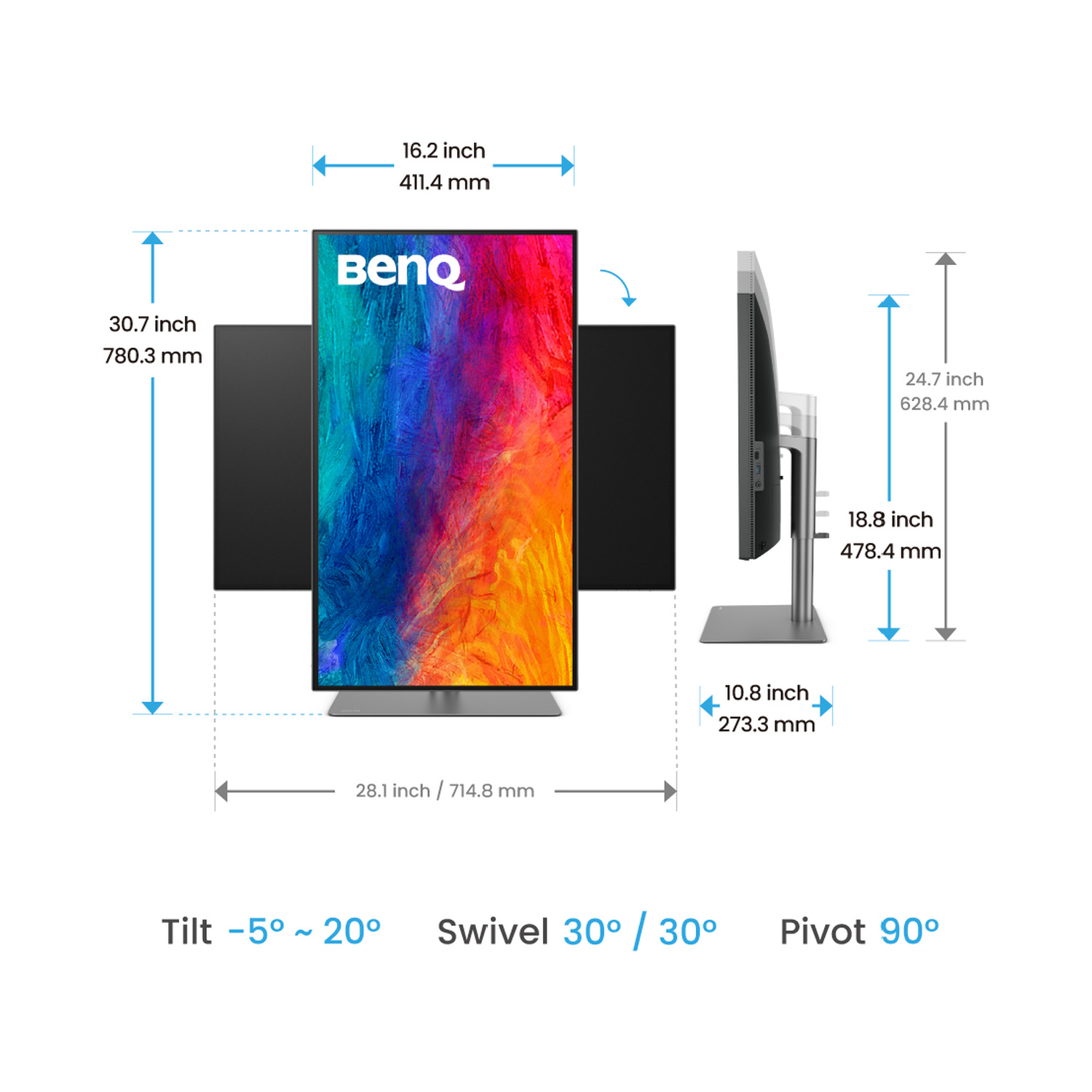 Dimensioni monitor BenQ: 30,7" A, 16,2" L, base 28,1". Inclinazione, rotazione, perno.
