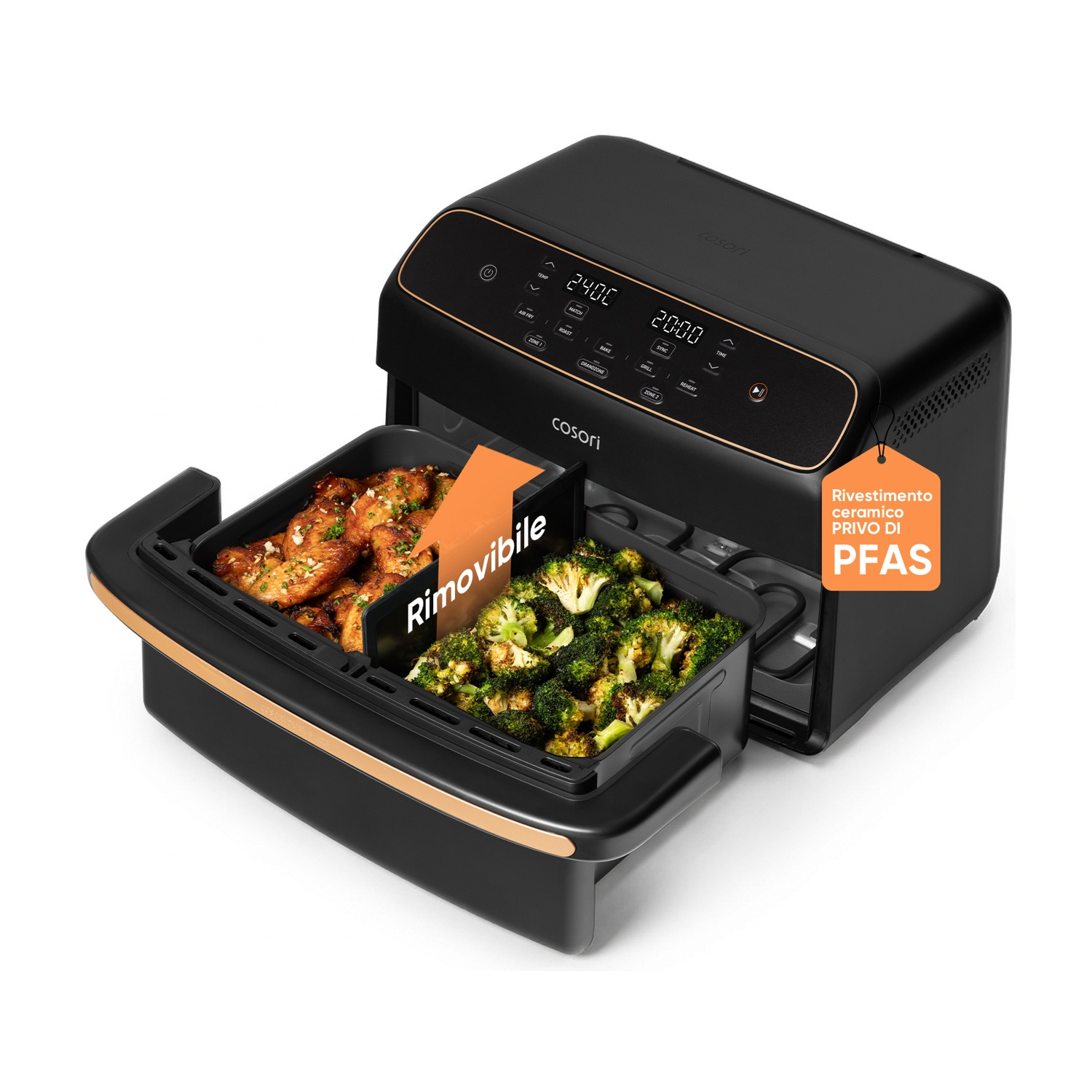 Friteuse ad aria nera con due scomparti: carne e broccoli.
