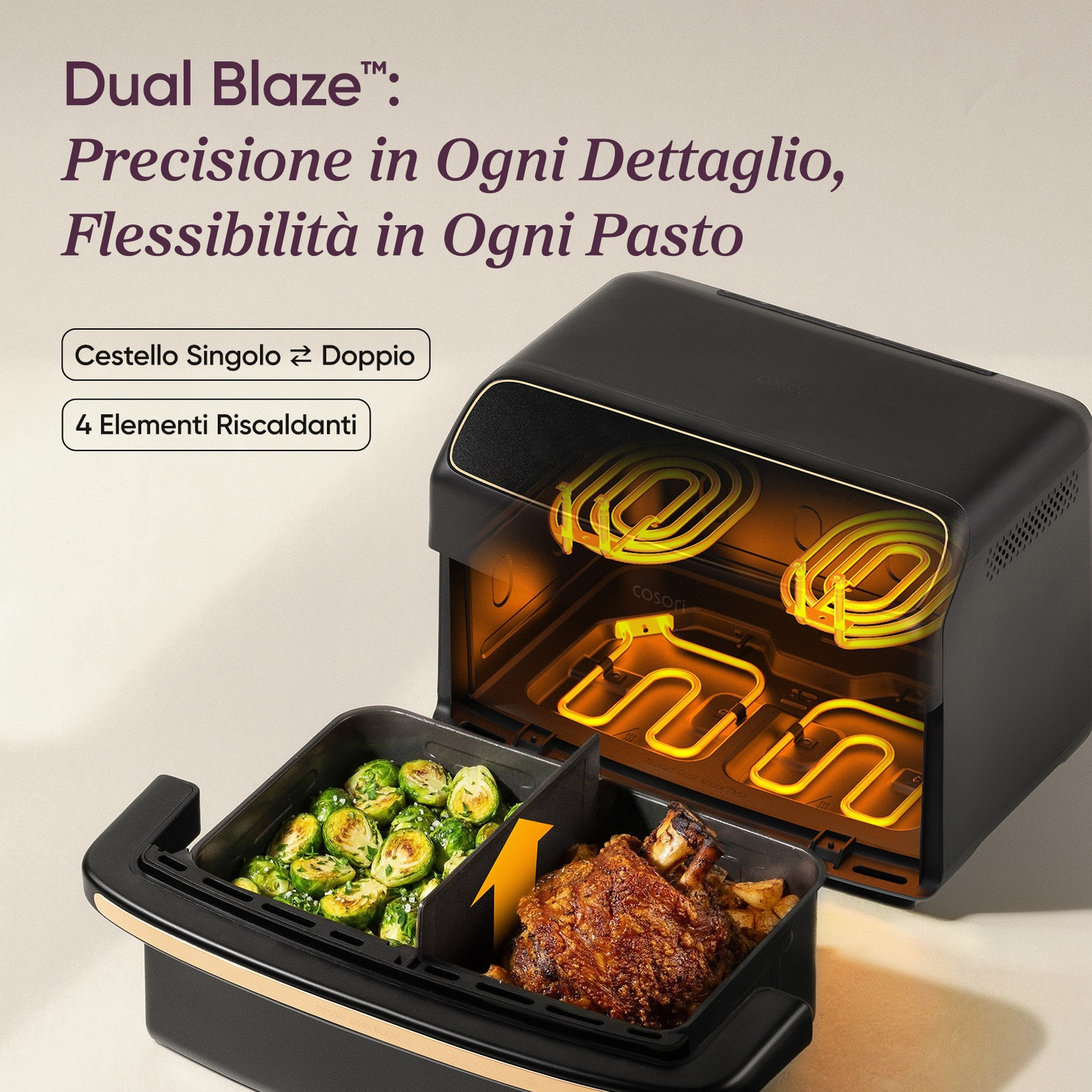 Una friggitrice ad aria nera a due scomparti, con cavoletti di Bruxelles e pollo arrosto.