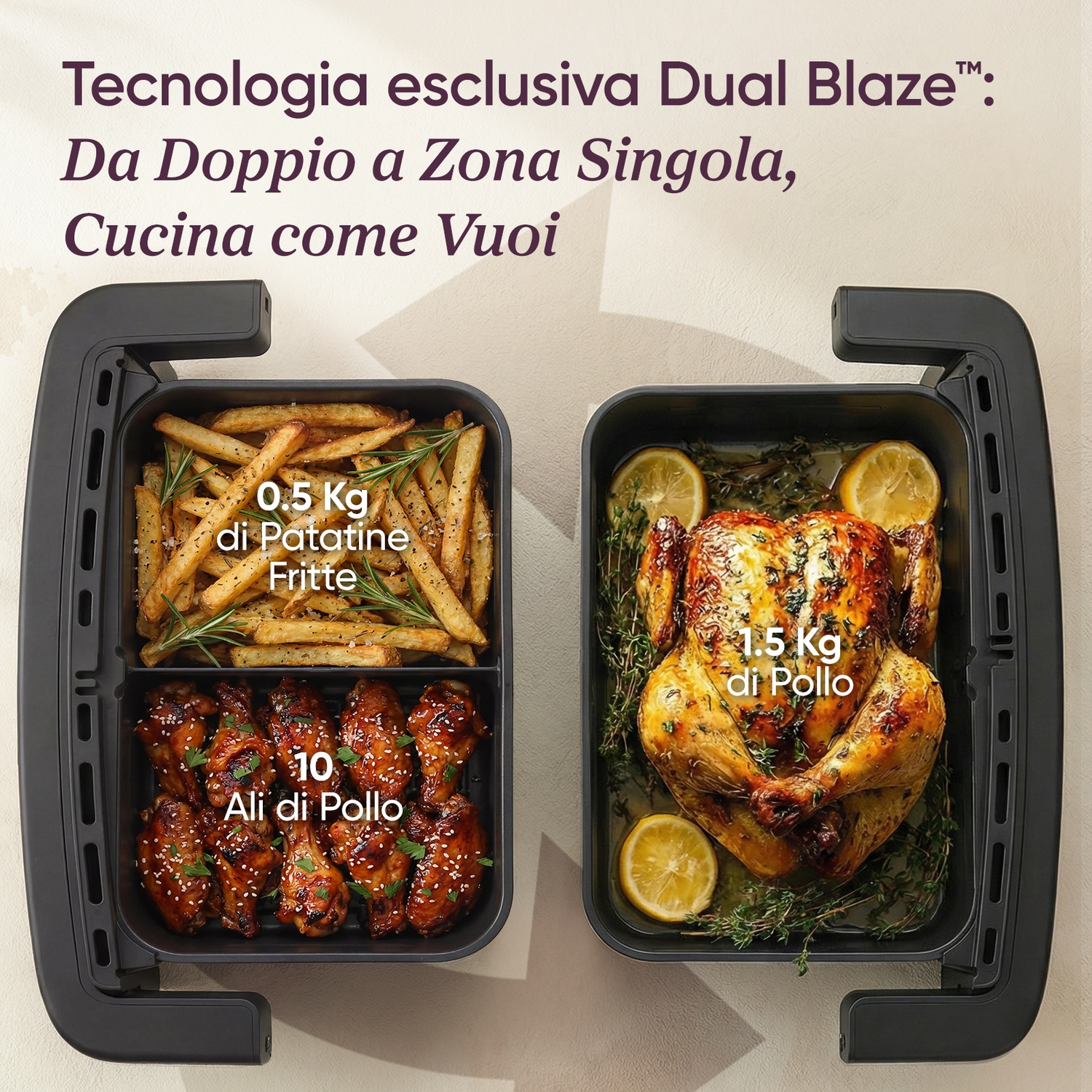 Una friggitrice ad aria nera con due scomparti: uno con patatine, l'altro con pollo.