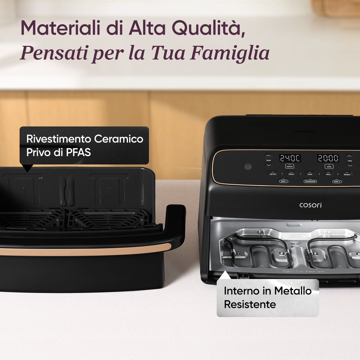 Forno friggitrice ad aria Cosori nero con controlli digitali e cestelli estraibili.