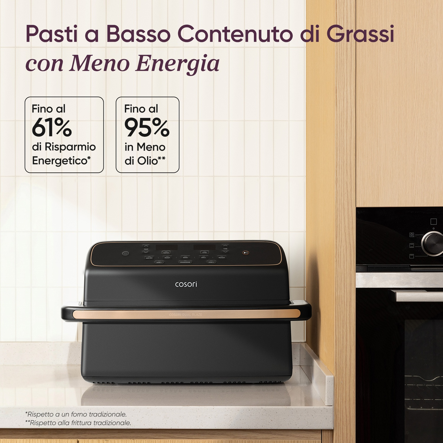 Friggitrice ad aria nera Cosori Dual Blaze con accenti dorati su un piano di lavoro.