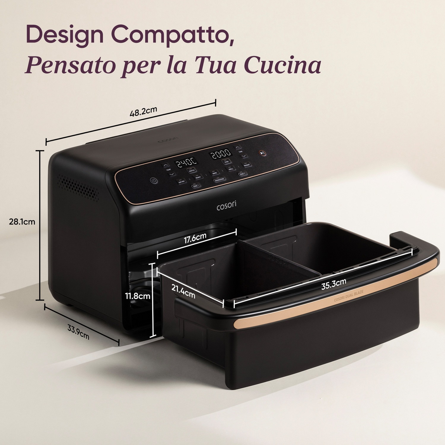 Friggitrice ad aria COSORI Dual Blaze nera con dimensioni e cassetti.
