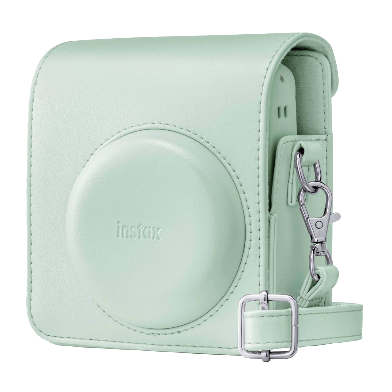 Funda de cámara verde claro con logo Instax y herrajes plateados.