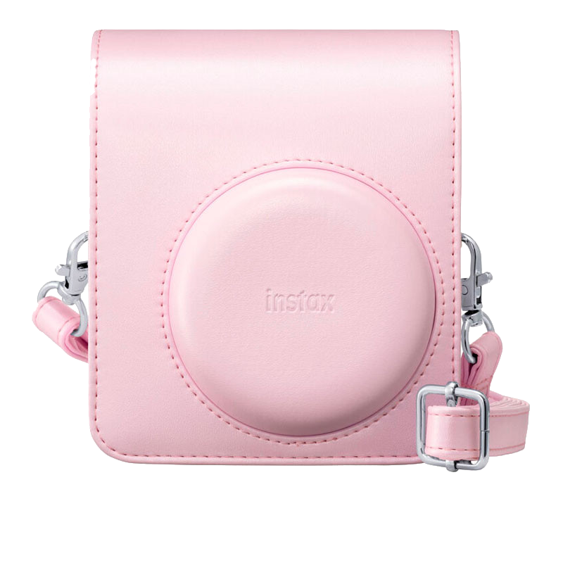 Funda de cámara rosa de cuero con recorte circular y logotipo Instax.