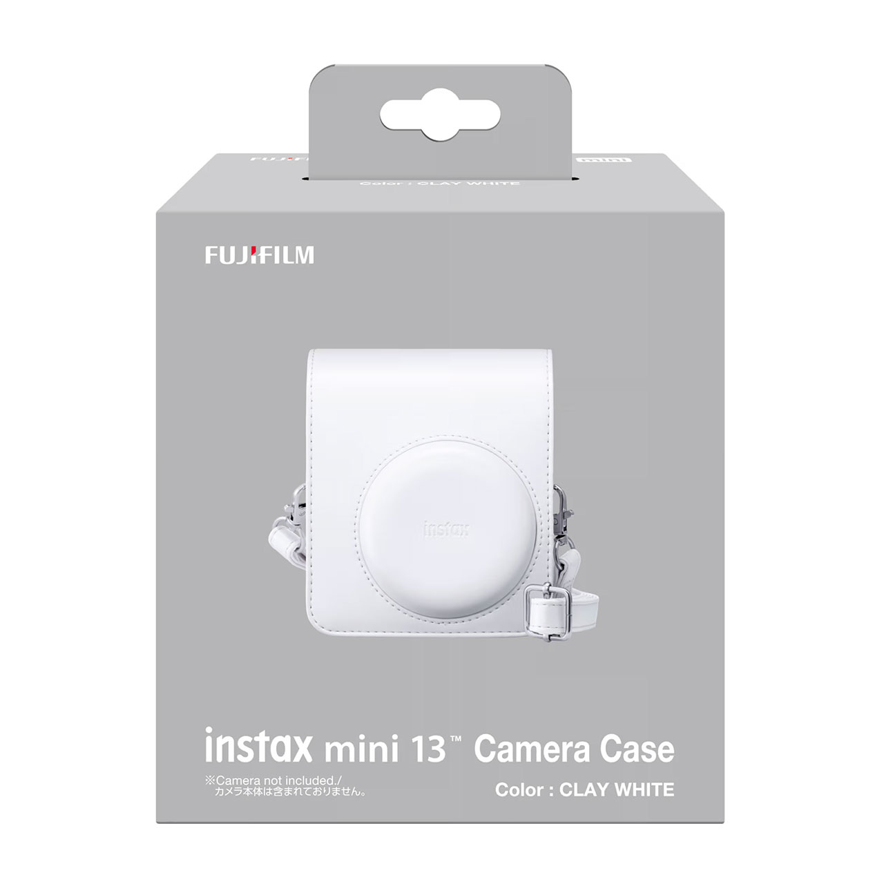 Una funda blanca para cámara Fujifilm Instax Mini 13 en su embalaje.