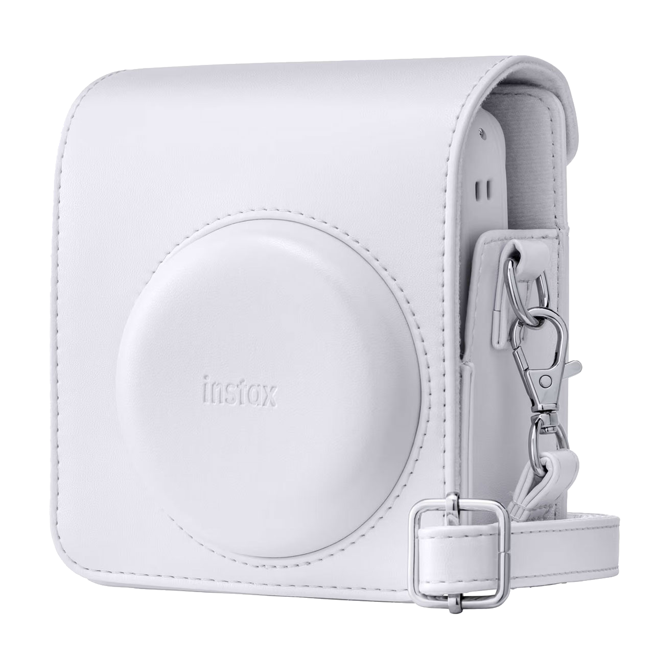 Funda blanca para cámara con logo Instax y hebillas plateadas.