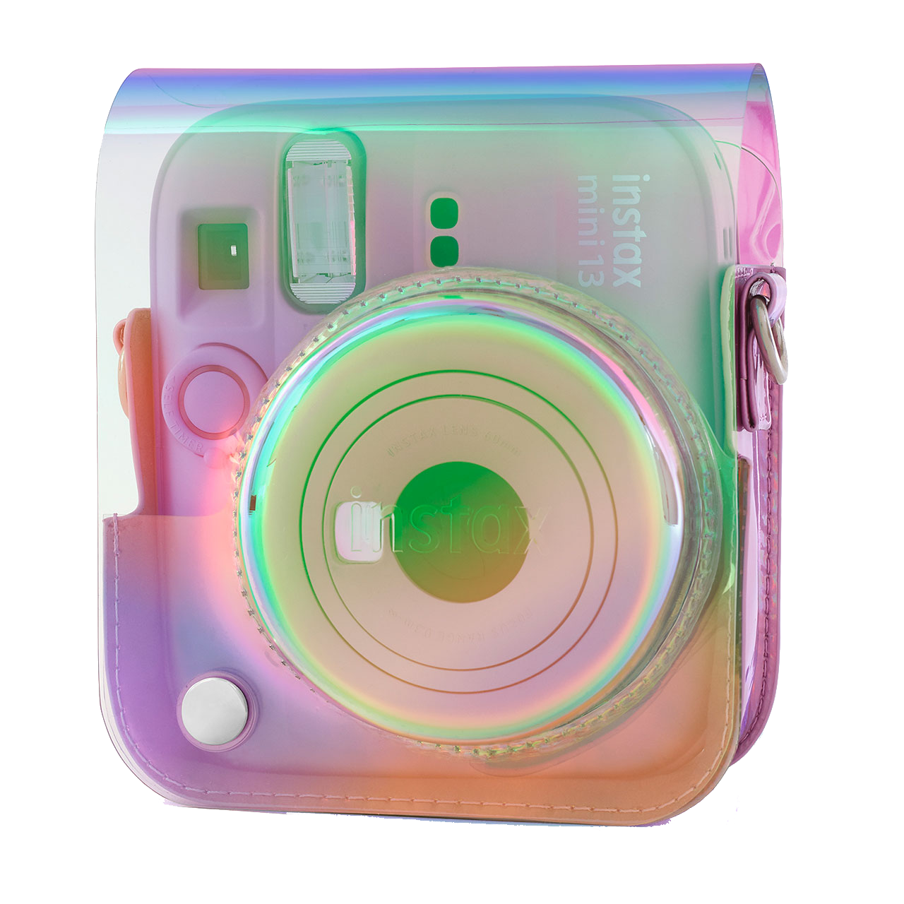 Cámara Instax Mini 13 en funda iridiscente con lente y flash.