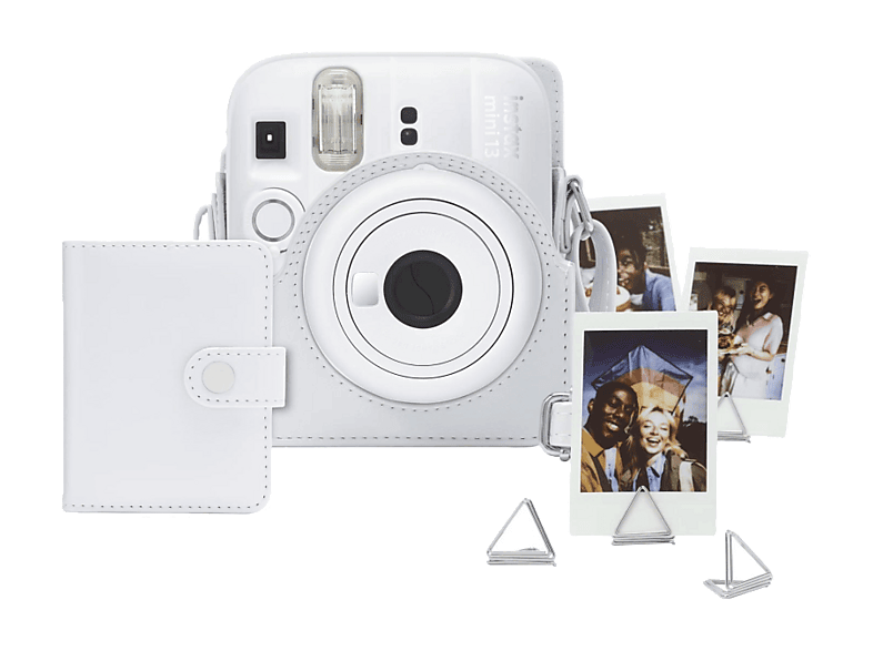 Kit cámara instantánea – Fujifilm Instax Mini 13, Funda cuero sintético + Álbum de fotos Clips, Blanco arcilla