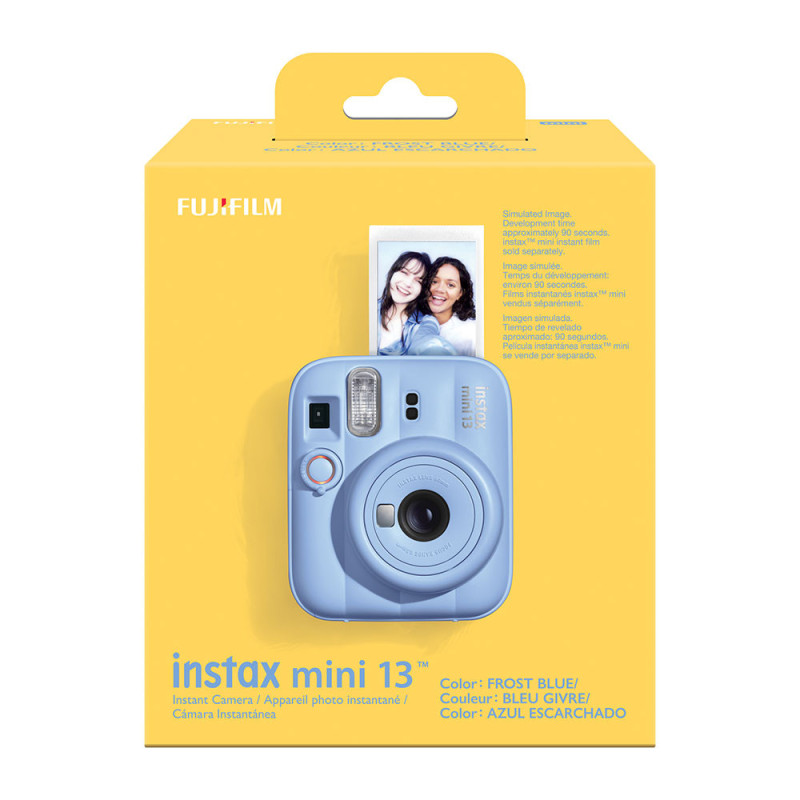 Embalaje de cámara Fujifilm Instax Mini 13 en azul escarchado, con cámara y foto.