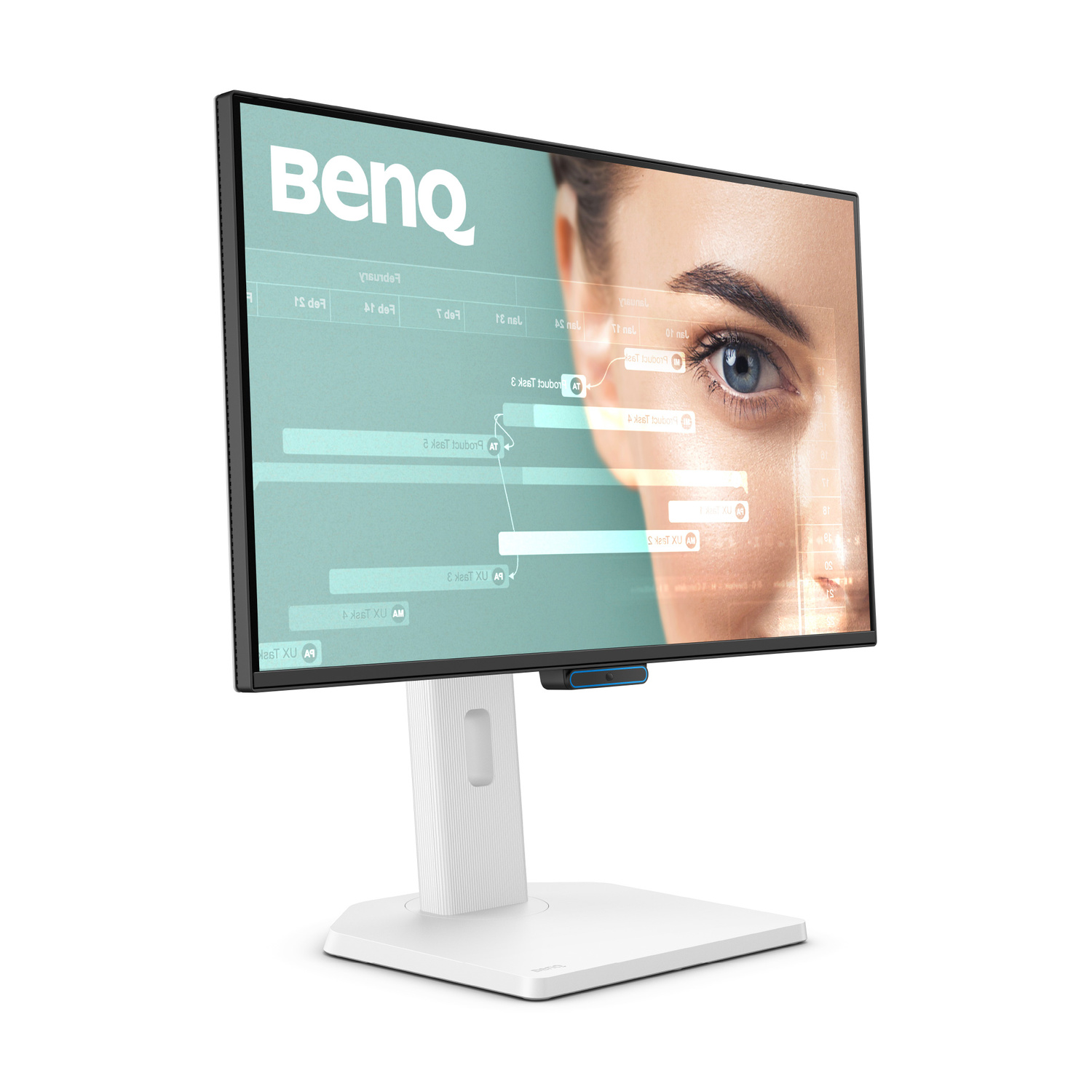 Un monitor BenQ mostra una grafica di occhio, su supporto bianco.