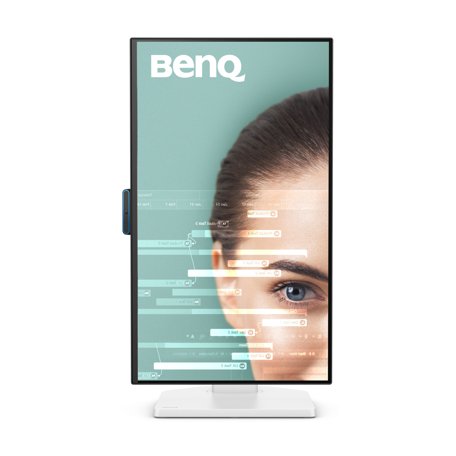 Un monitor BenQ mostra l'occhio e parte del viso di una donna, con grafiche sovrapposte.