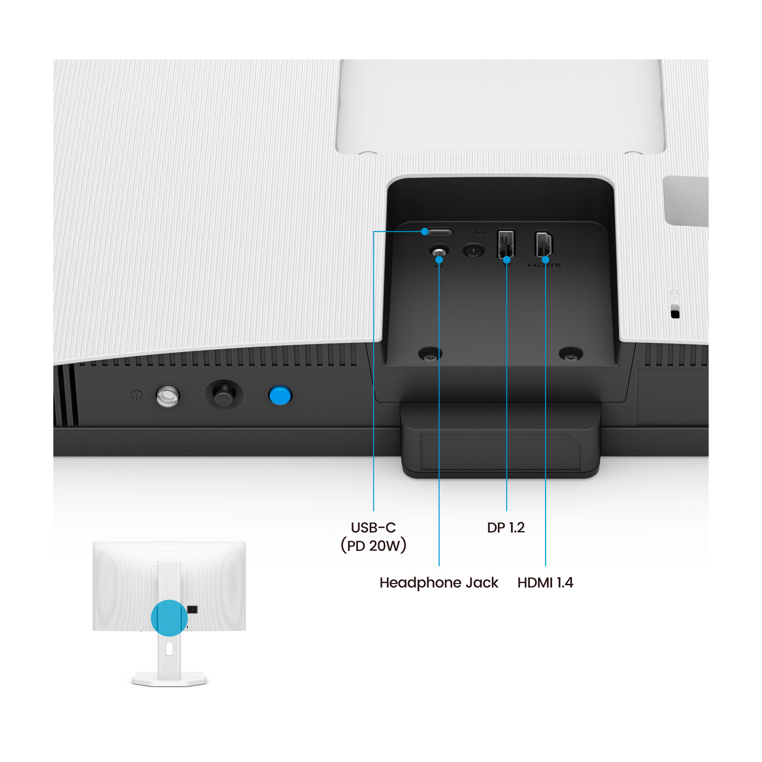 Porti posteriori di un monitor bianco: USB-C (PD 20W), DP 1.2, jack cuffie, HDMI 1.4.