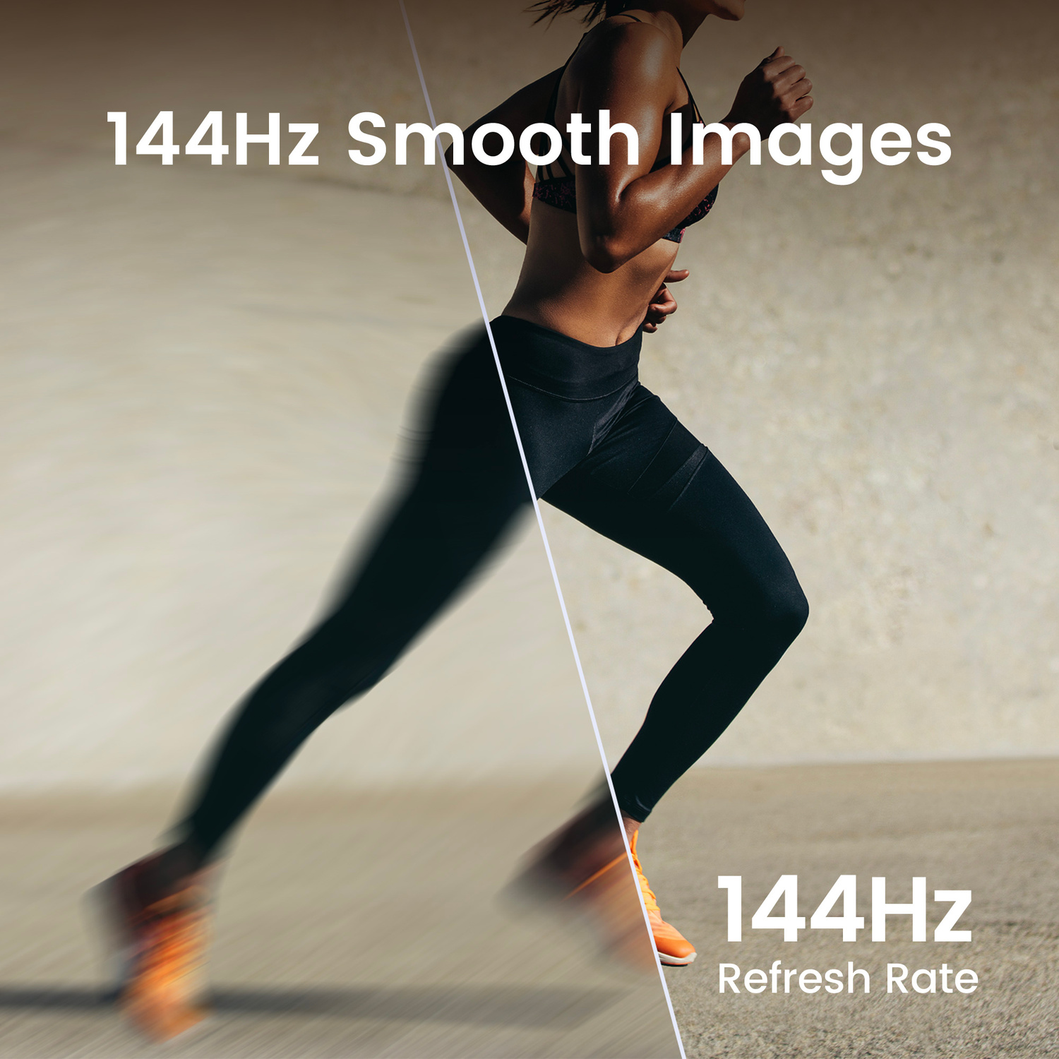Corridore in nero, con testo 144Hz Smooth Images e Refresh Rate.