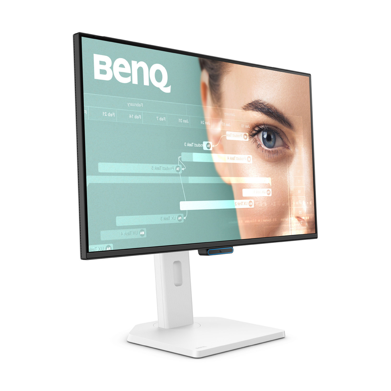 Un monitor BenQ che mostra un occhio, con supporto bianco.