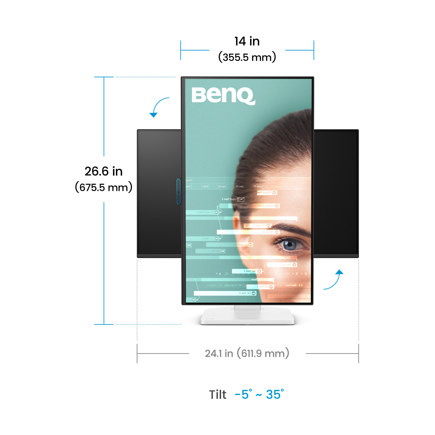 Tre monitor BenQ con dimensioni: 26,6 pollici altezza, 14 pollici larghezza, 24,1 pollici larghezza totale.