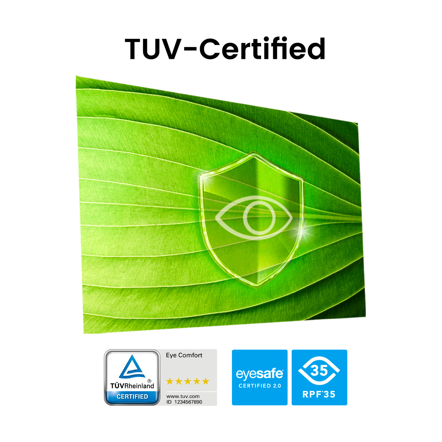 Emblema certificato TÜV con foglie verdi e simbolo di occhio.