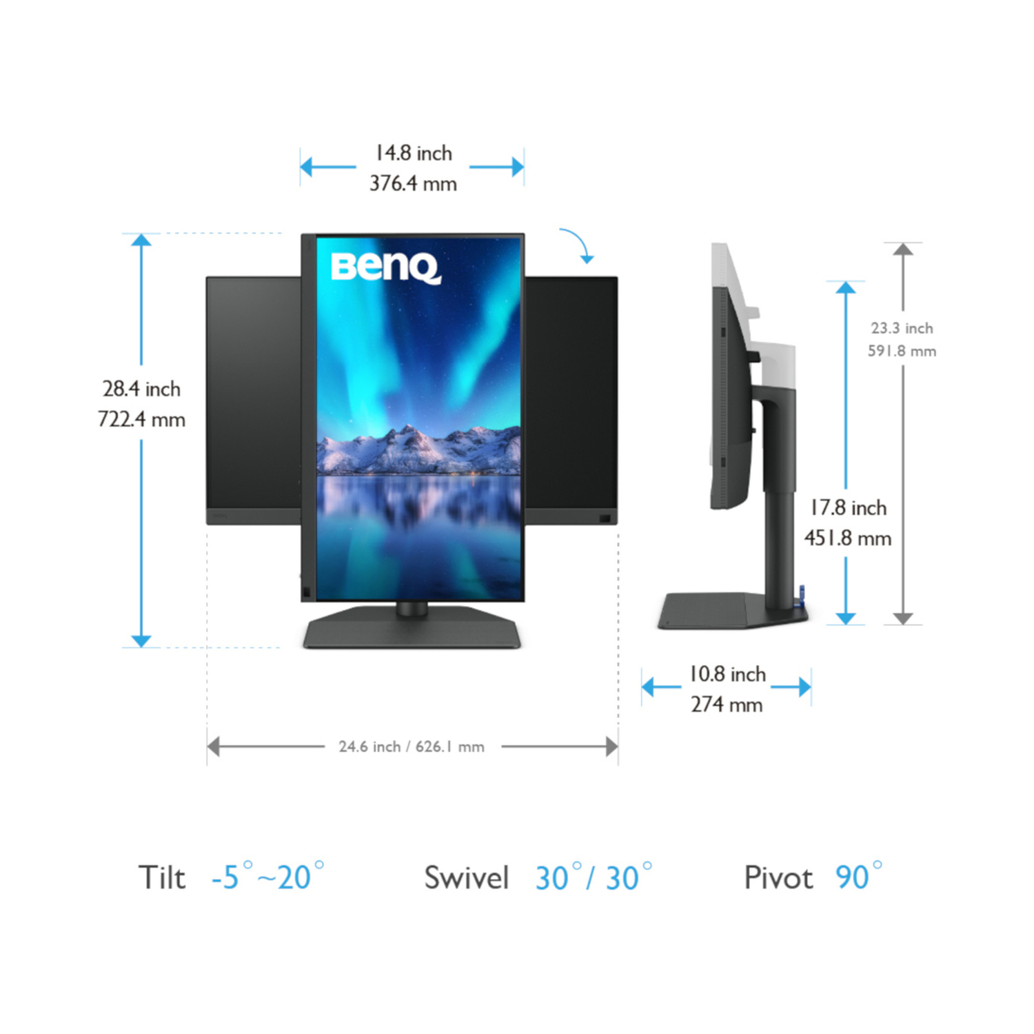 Diagramma che mostra dimensioni, inclinazione, rotazione e angoli di perno del monitor BenQ.