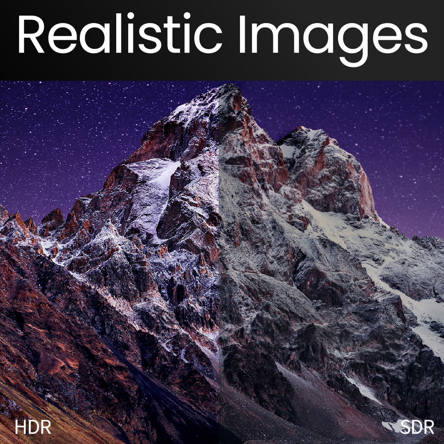 Montagna con cielo stellato, HDR a sinistra, SDR a destra.