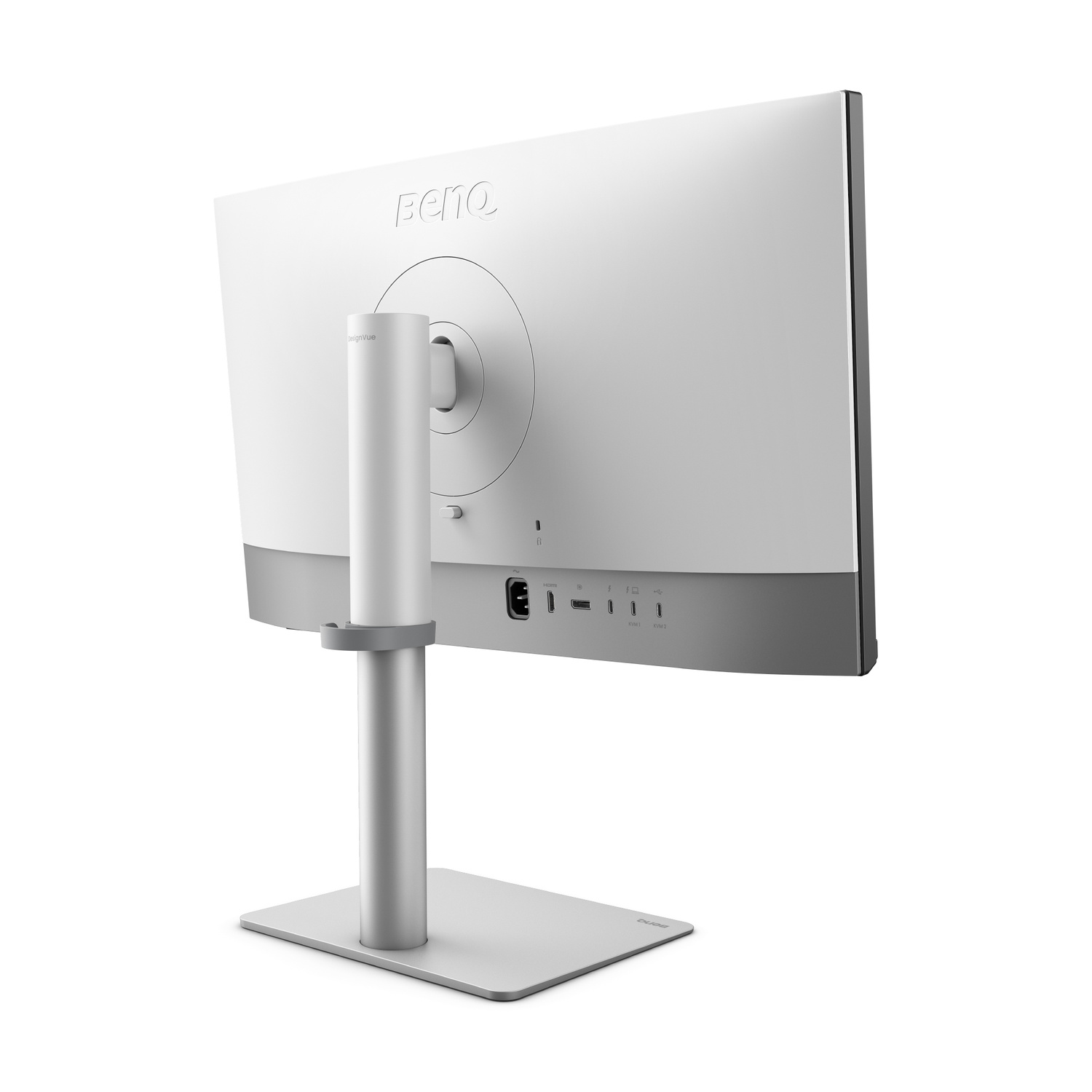 Vista posteriore di un monitor BenQ bianco con supporto argentato e porte.