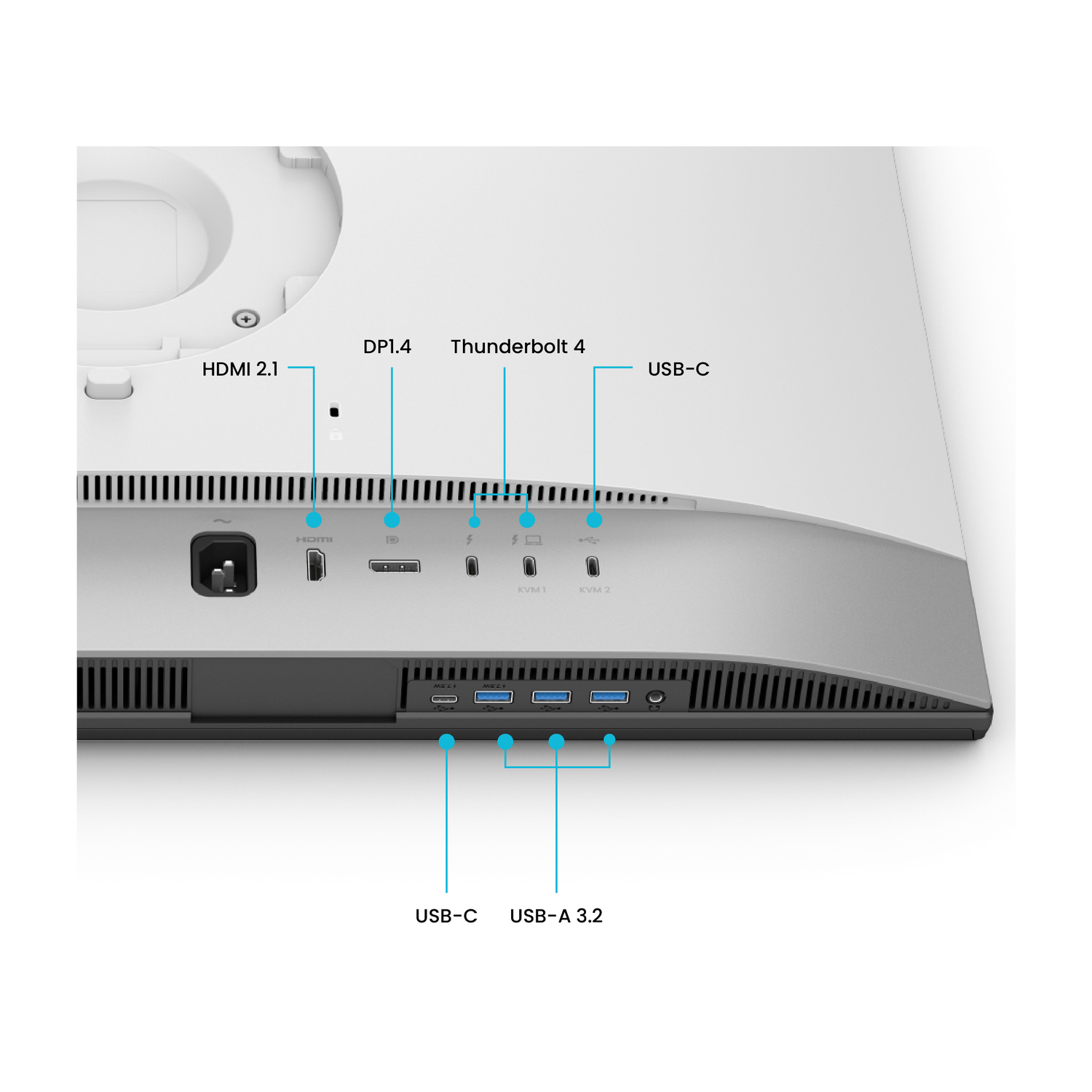 Lato porte del monitor: HDMI 2.1, DP 1.4, Thunderbolt 4, USB-C.