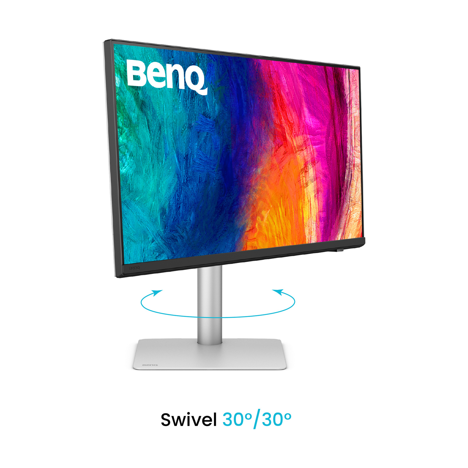 Un monitor BenQ argentato con sfondo astratto colorato su un supporto argentato.