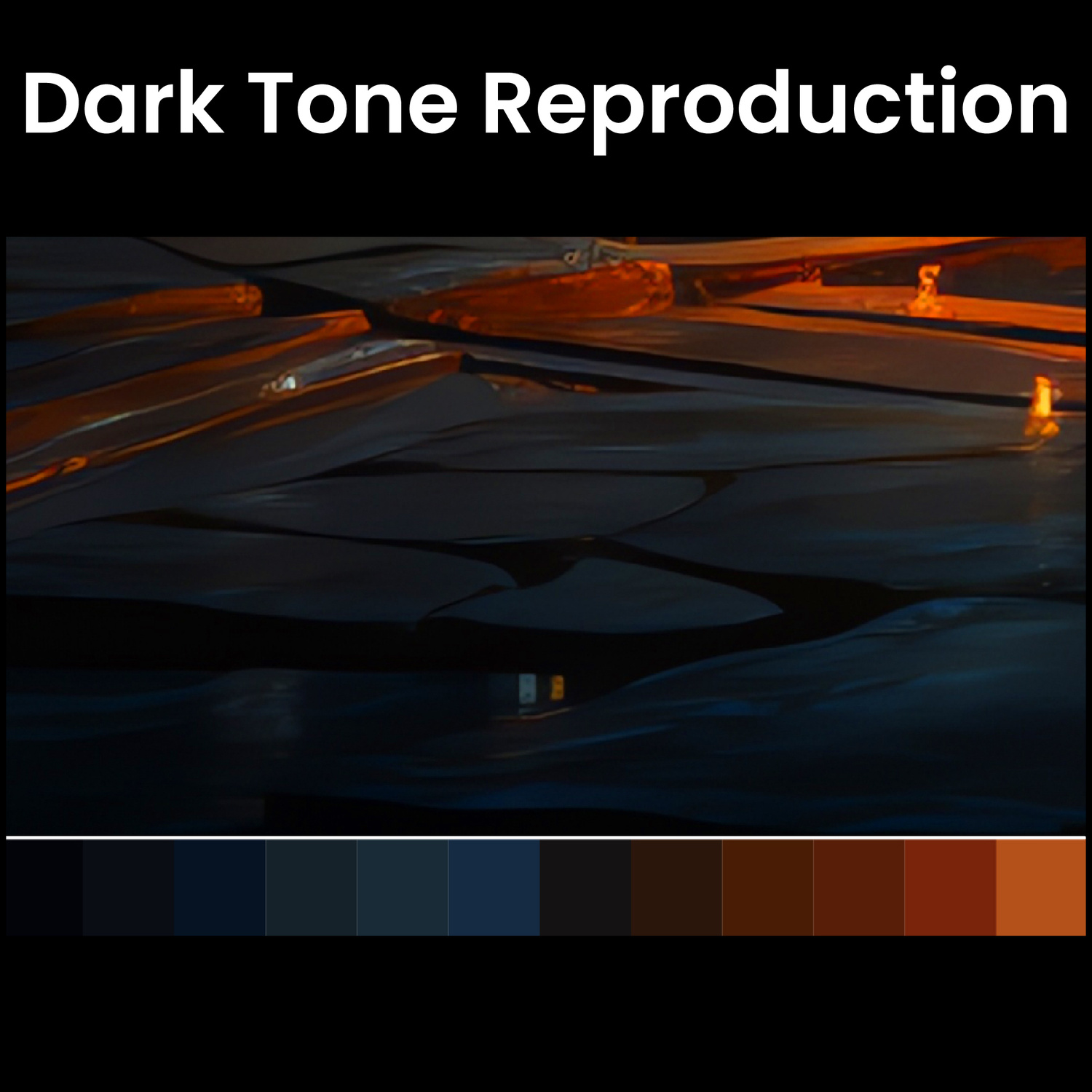 Forme astratte scure con accenti arancioni e una barra della palette di colori.