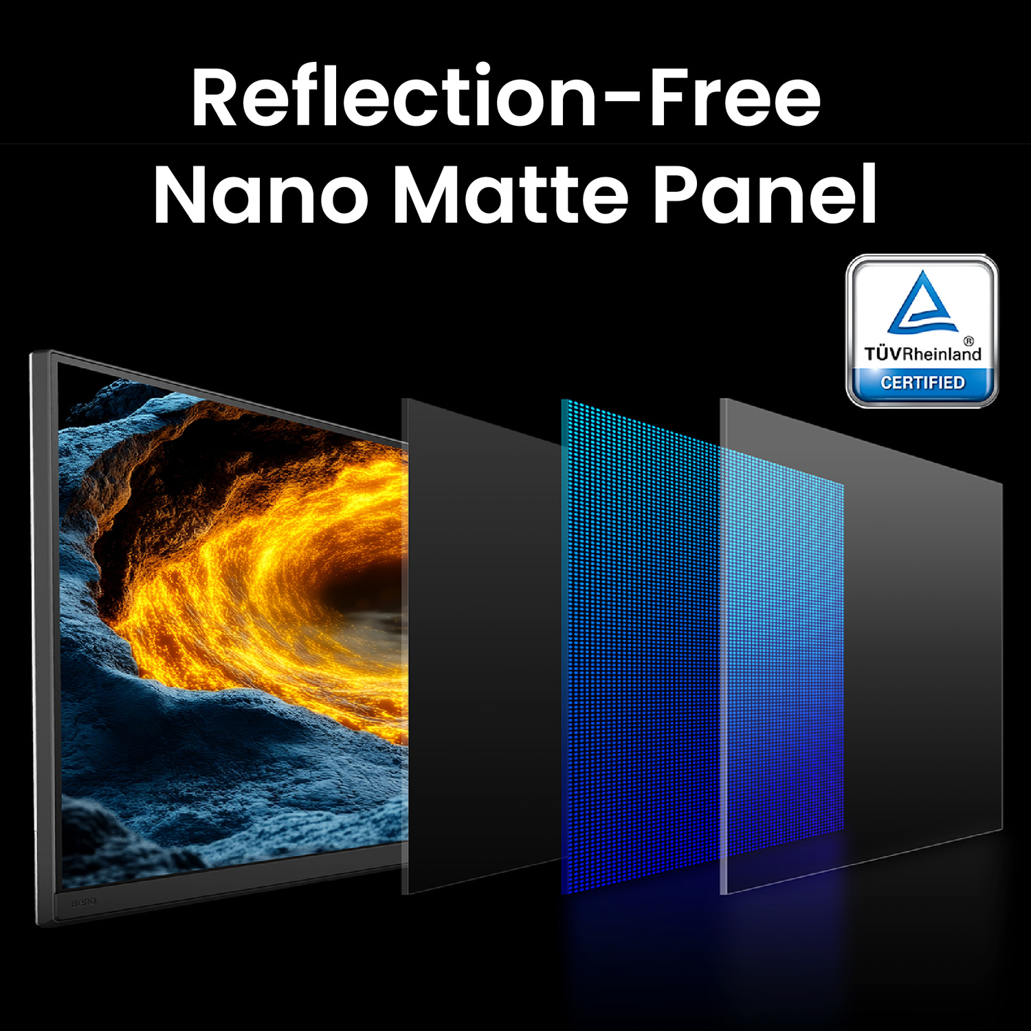 Monitor con pannello nano opaco antiriflesso, mostra texture simile a lava.