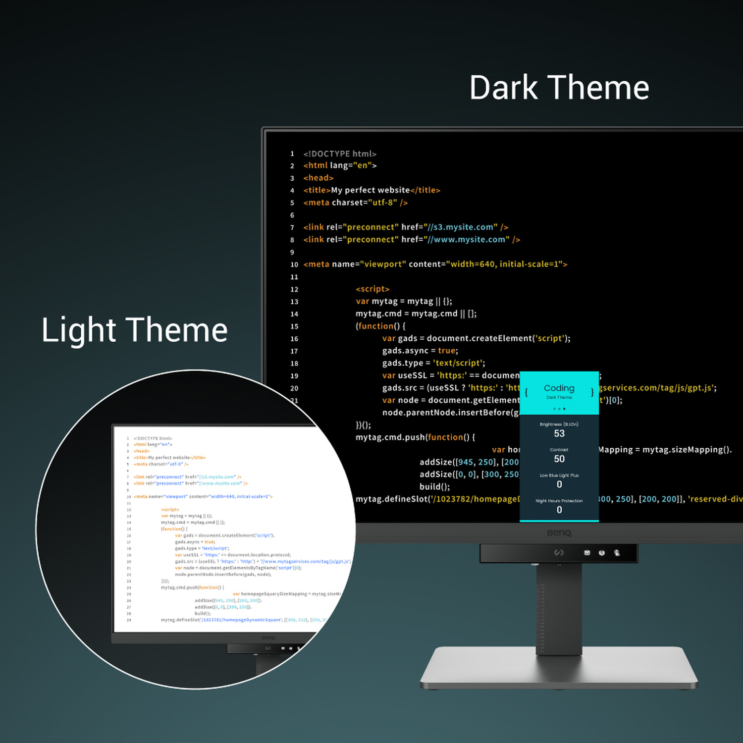 Un monitor mostra codice in temi chiari e scuri. Un pop-up mostra la luminosità.