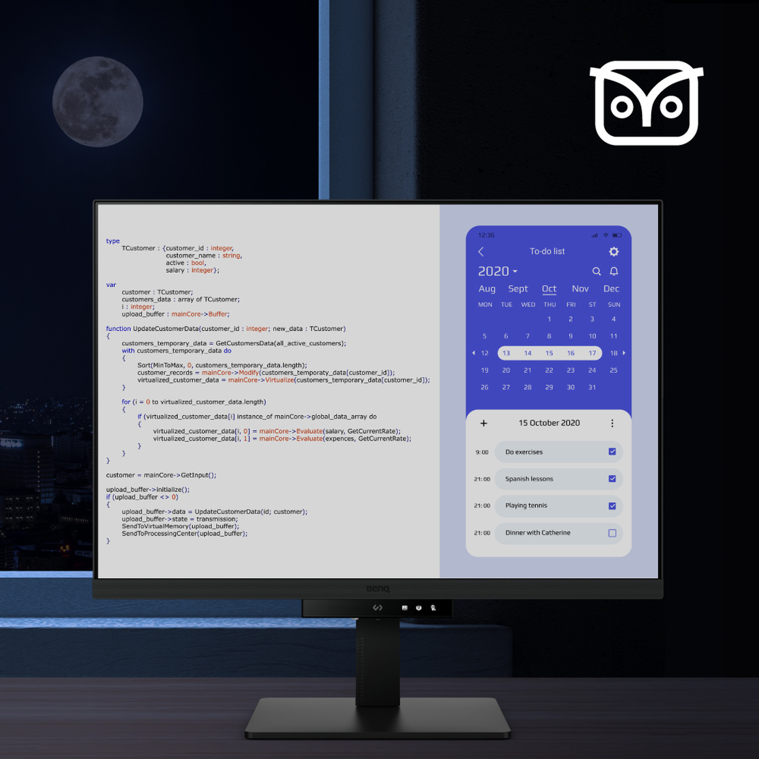 Una stanza buia con un monitor che mostra codice e un elenco di cose da fare.