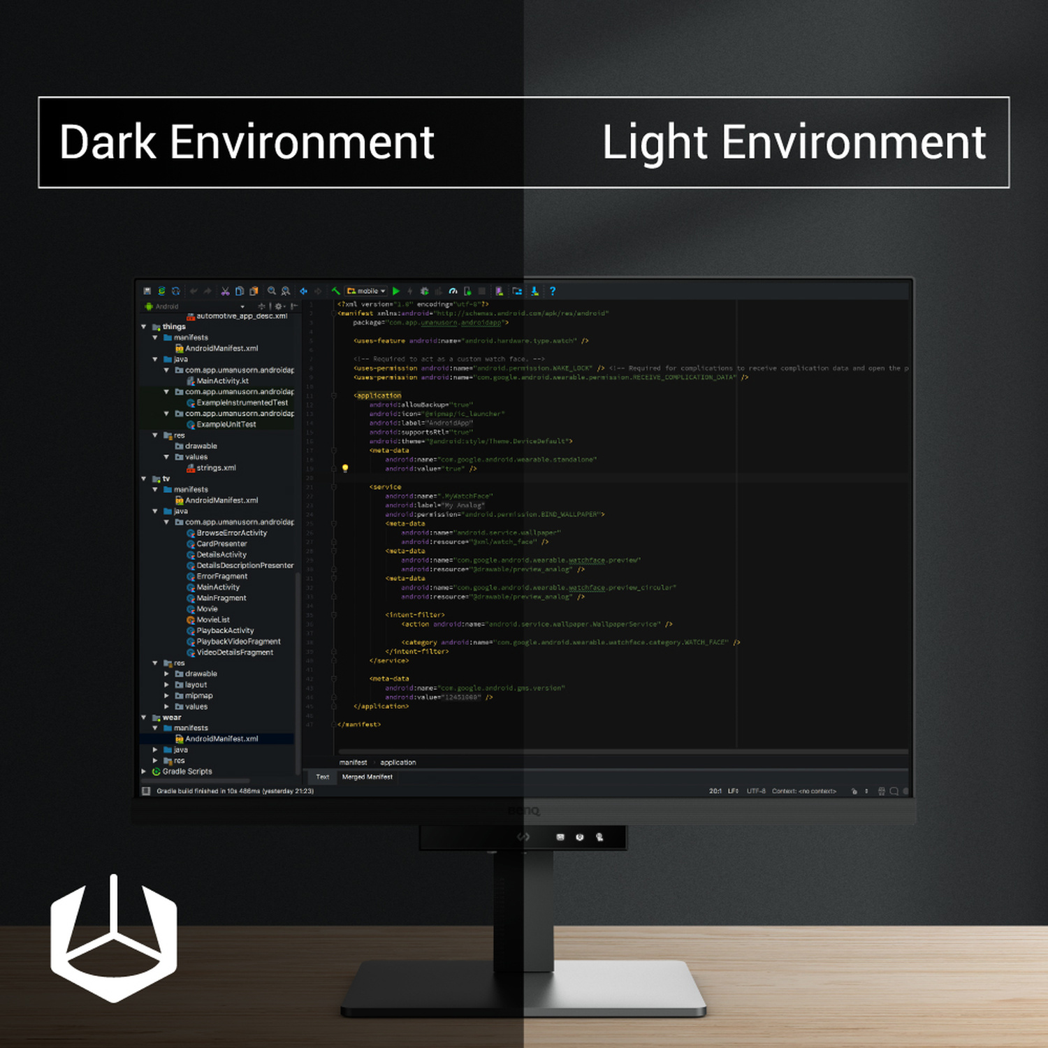 Schermo che mostra codice con testo 'Dark Environment' e 'Light Environment'.