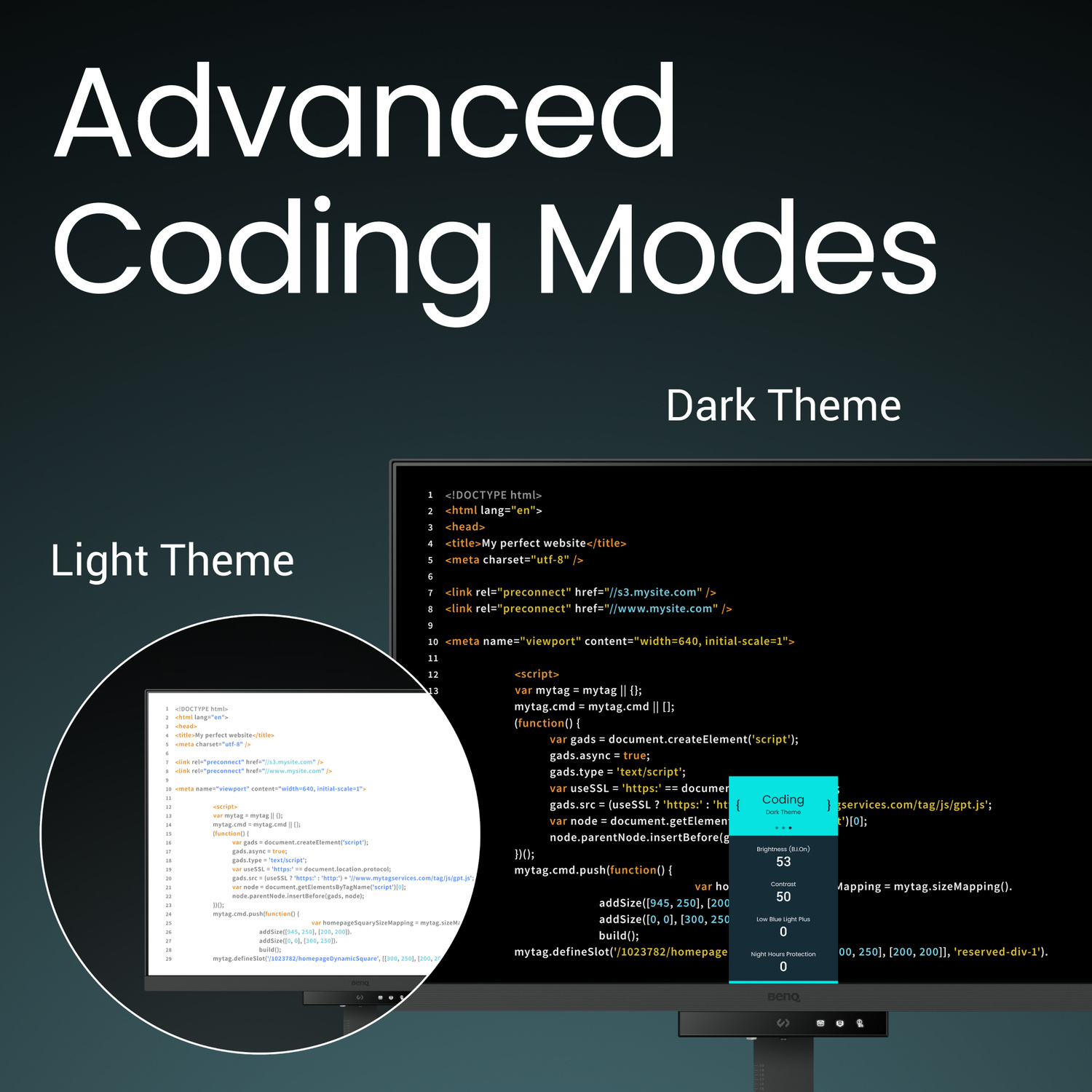 Schermo con testo "Advanced Coding Modes", "Light Theme" e "Dark Theme".