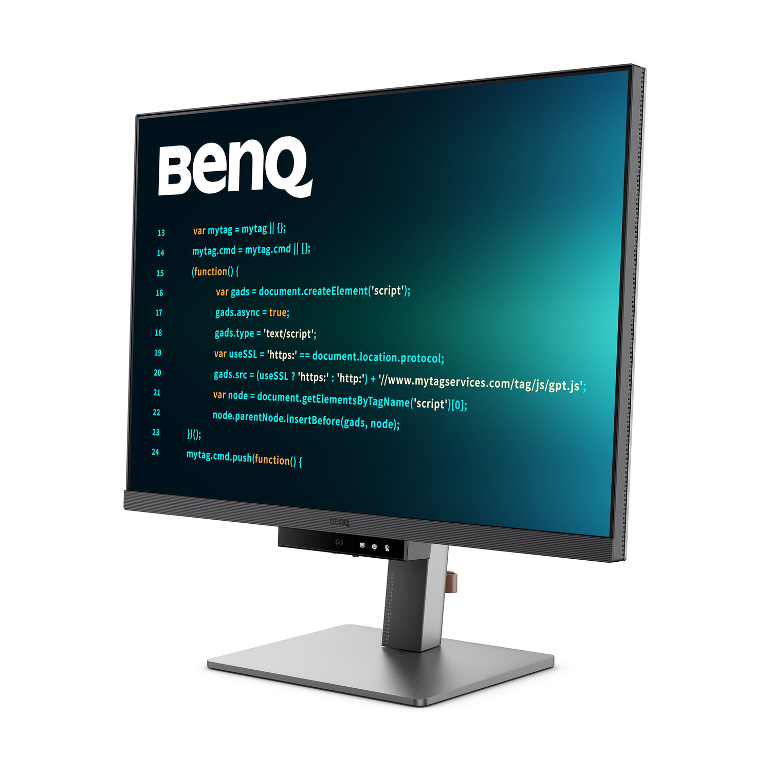 Un monitor BenQ mostra codice con numeri di riga su uno sfondo sfumato.