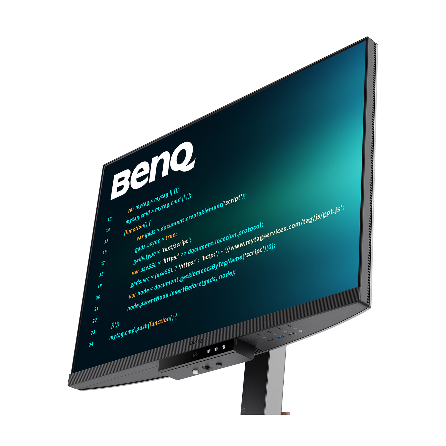 Un monitor BenQ mostra codice di programmazione in azzurro su sfondo scuro.