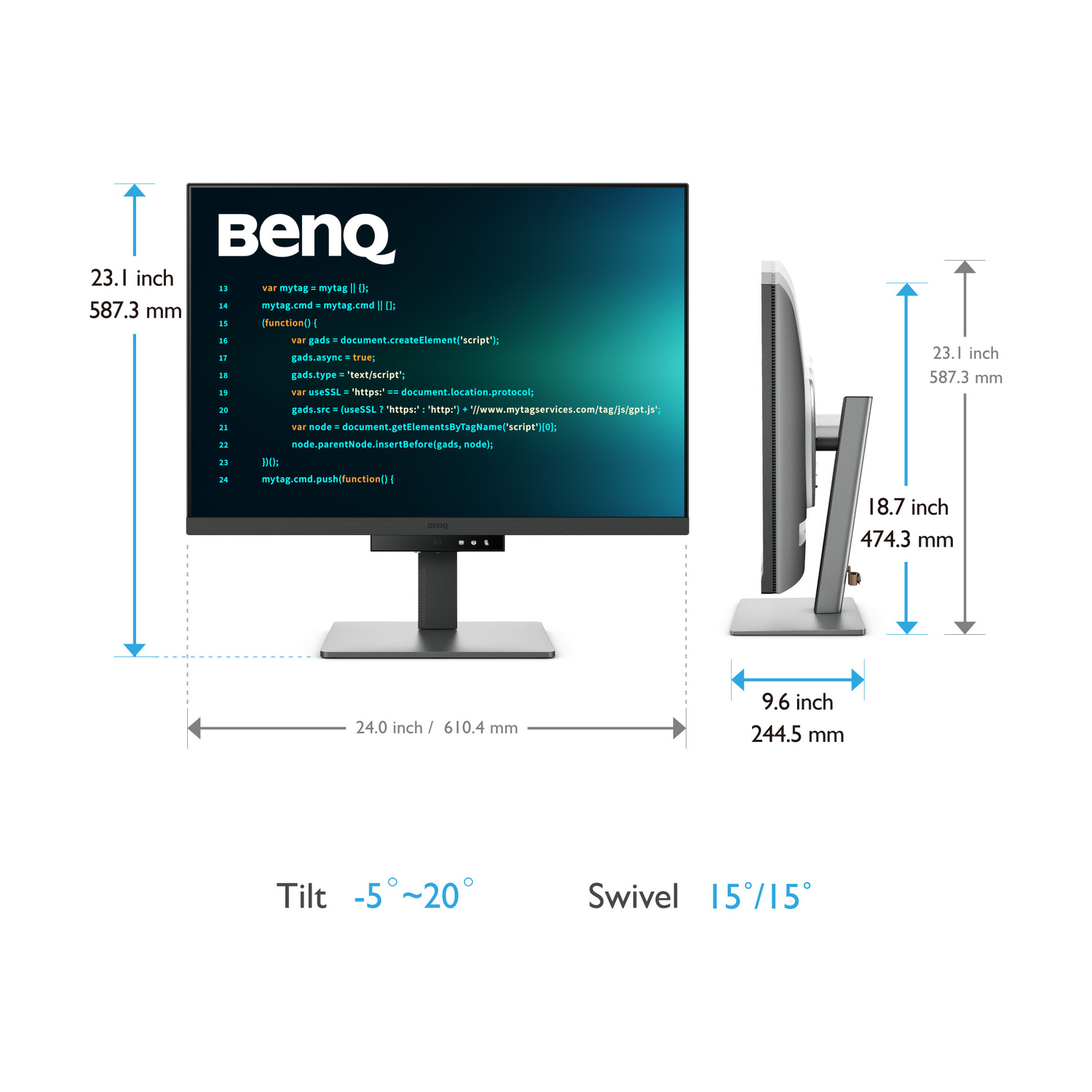 Monitor BenQ con snippet di codice, dimensioni e specifiche di inclinazione/rotazione.