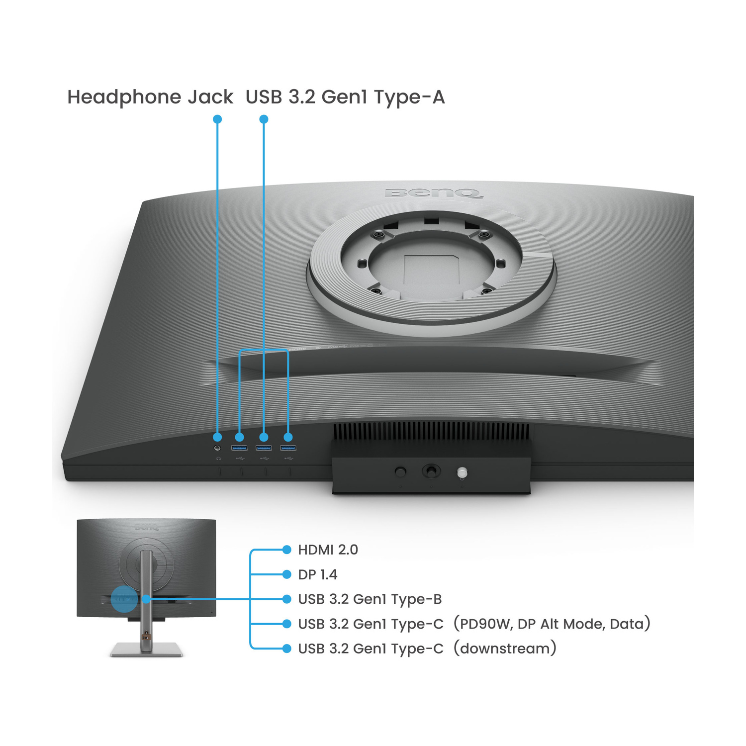 Retro di un monitor grigio che mostra le porte: jack cuffie, USB-A, HDMI, DP, USB-B, due USB-C.