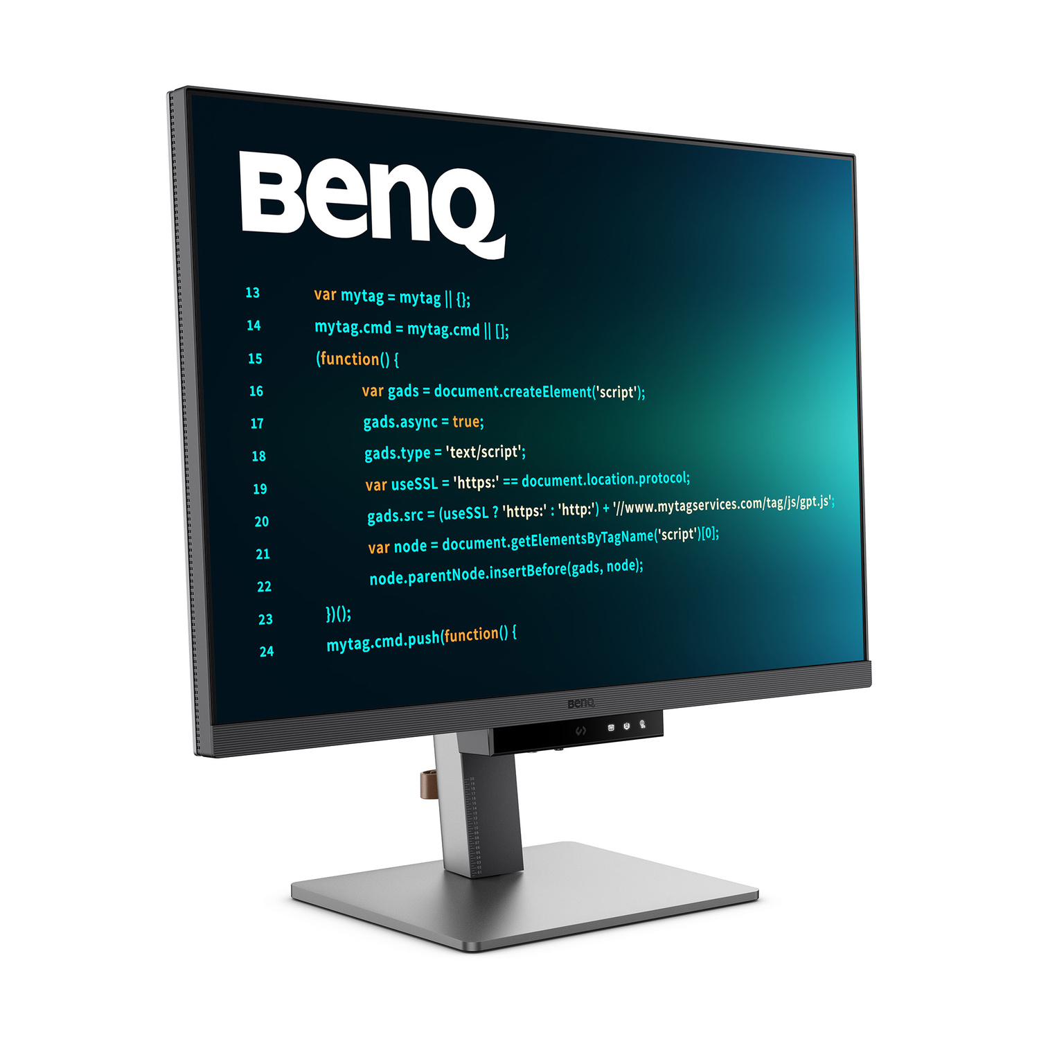 Un monitor BenQ mostra codice su sfondo scuro sfumato.