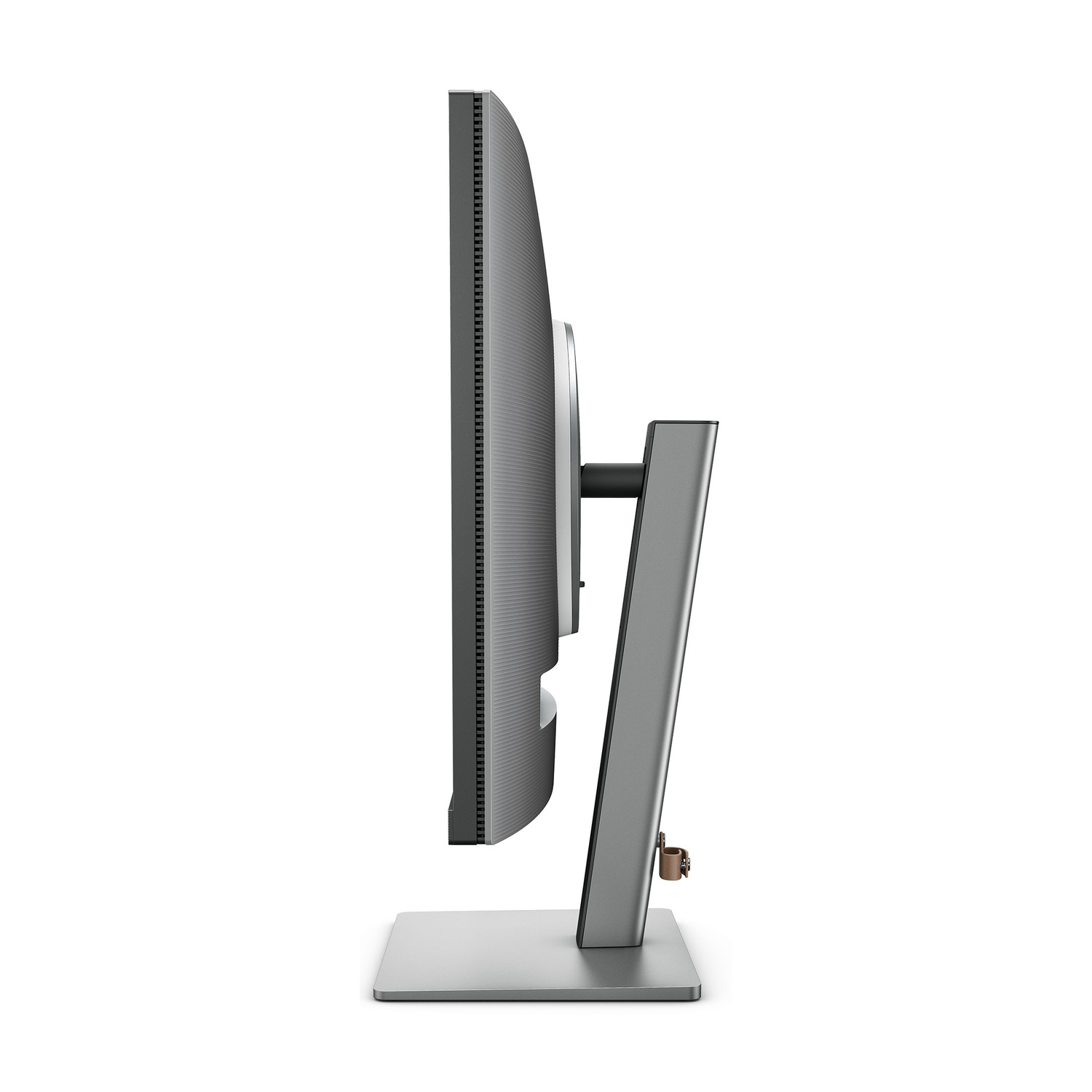 Monitor grigio in profilo laterale con supporto argentato e cinturino in pelle marrone.