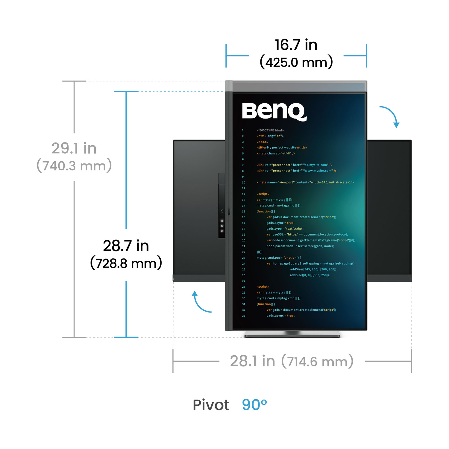 Viene mostrato un monitor BenQ con codice sullo schermo. Vengono indicate le dimensioni.