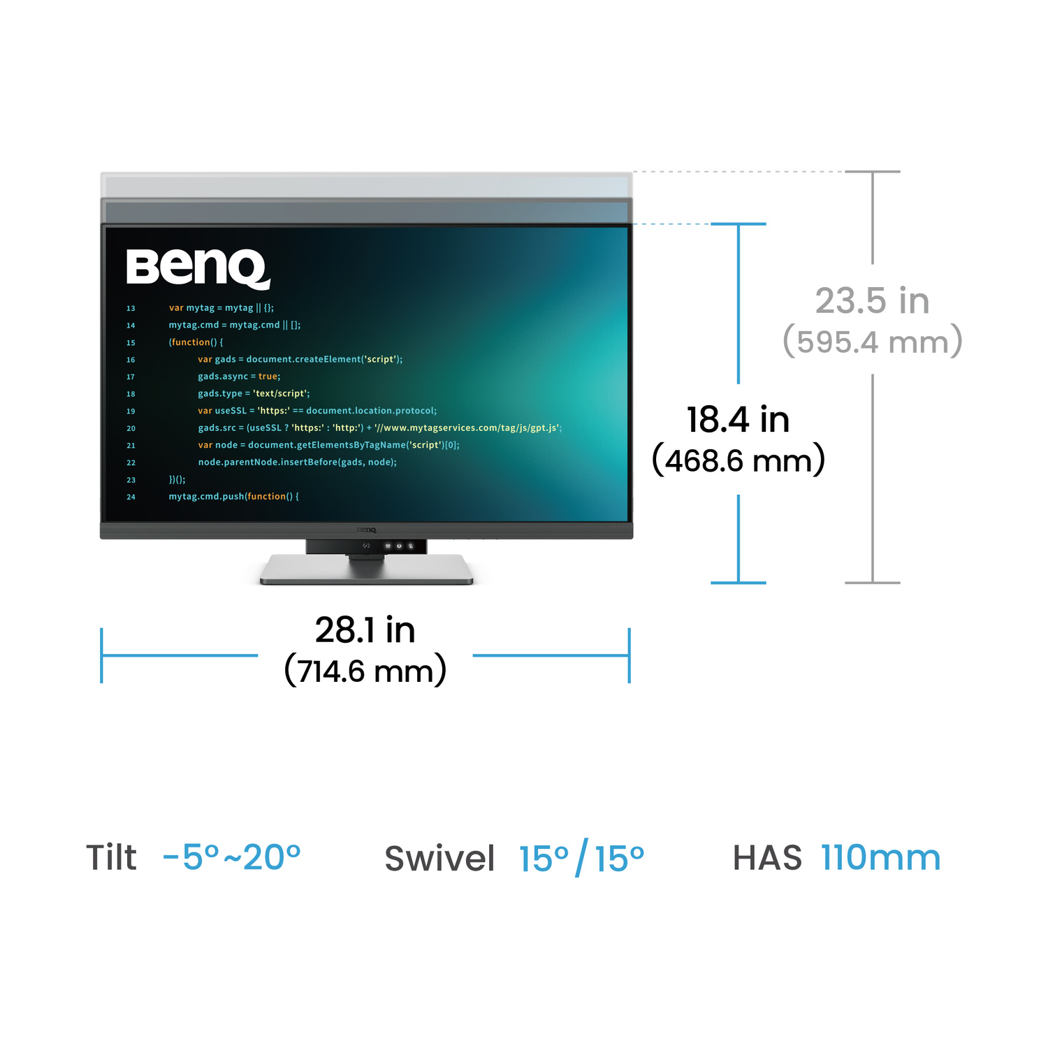 Monitor BenQ che mostra codice con dimensioni: altezza 23,5 pollici, larghezza 18,4 pollici, lunghezza 28,1 pollici.
