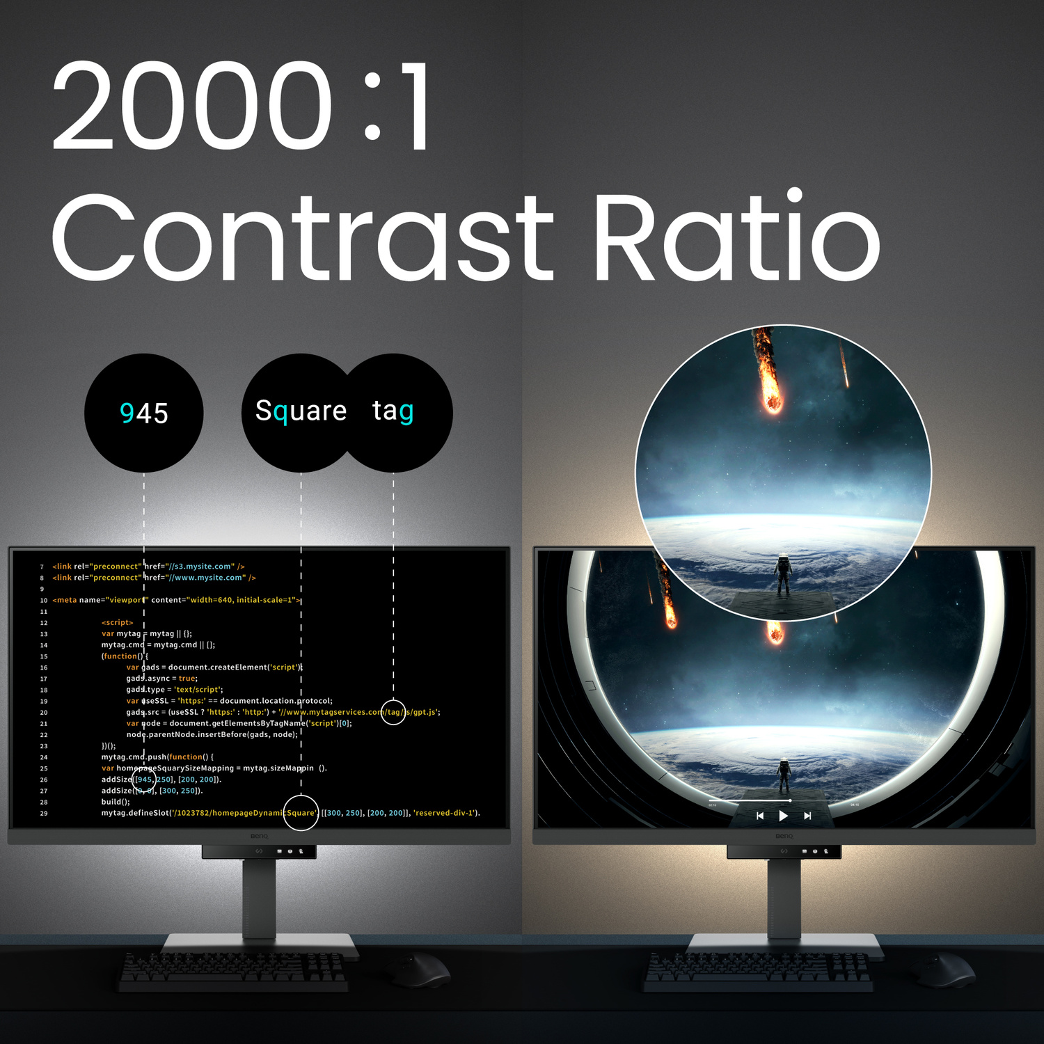 Monitor mostra scena spaziale con meteoriti e codice. Testo "Rapporto di contrasto 2000:1".