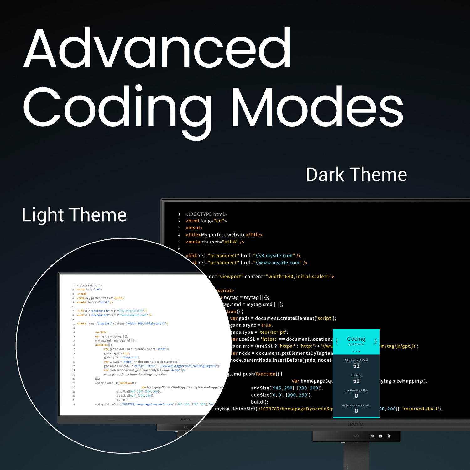Un monitor mostra codice con le modalità "Light Theme" e "Dark Theme".