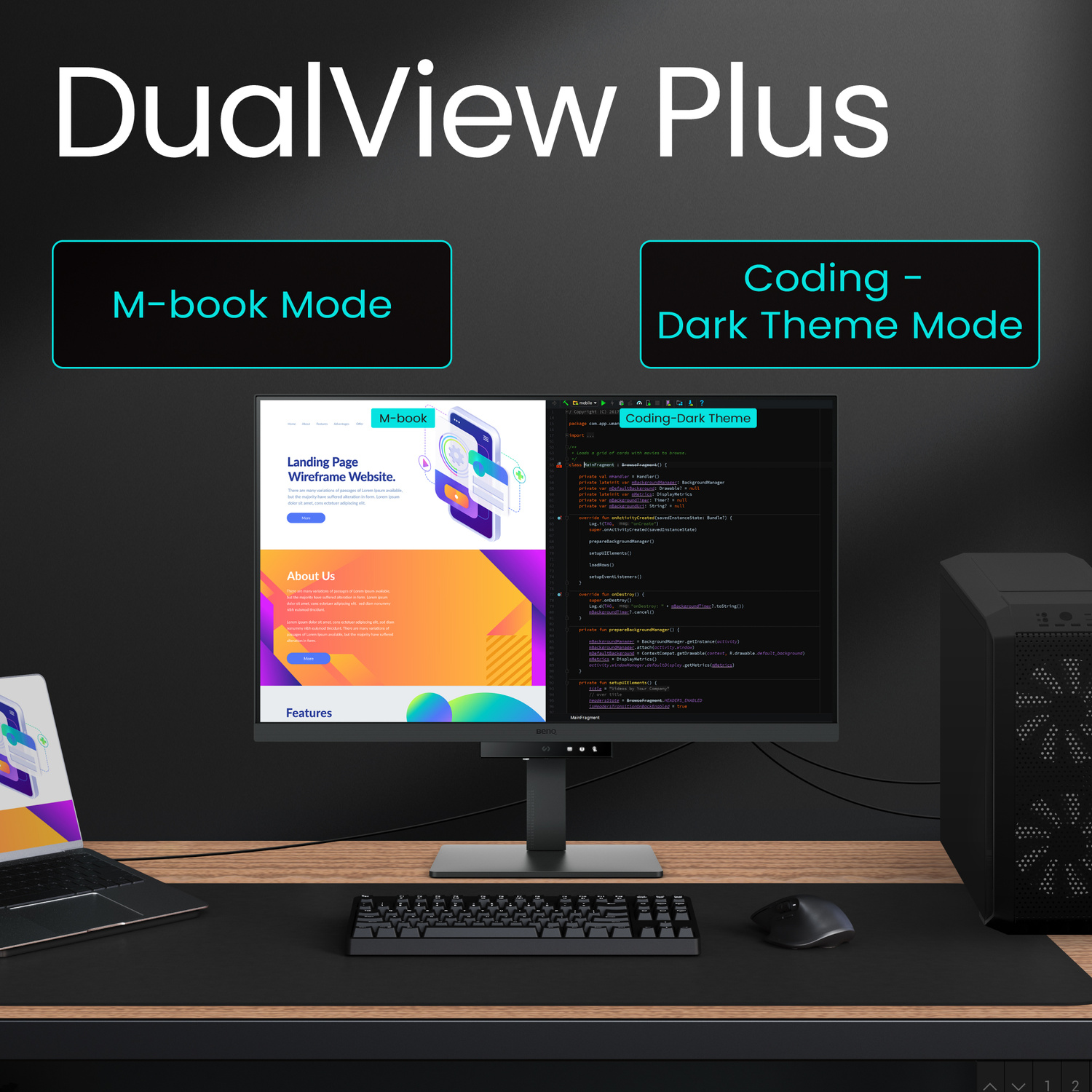 Una scrivania con un laptop, un monitor che mostra codice e un wireframe, e un PC.