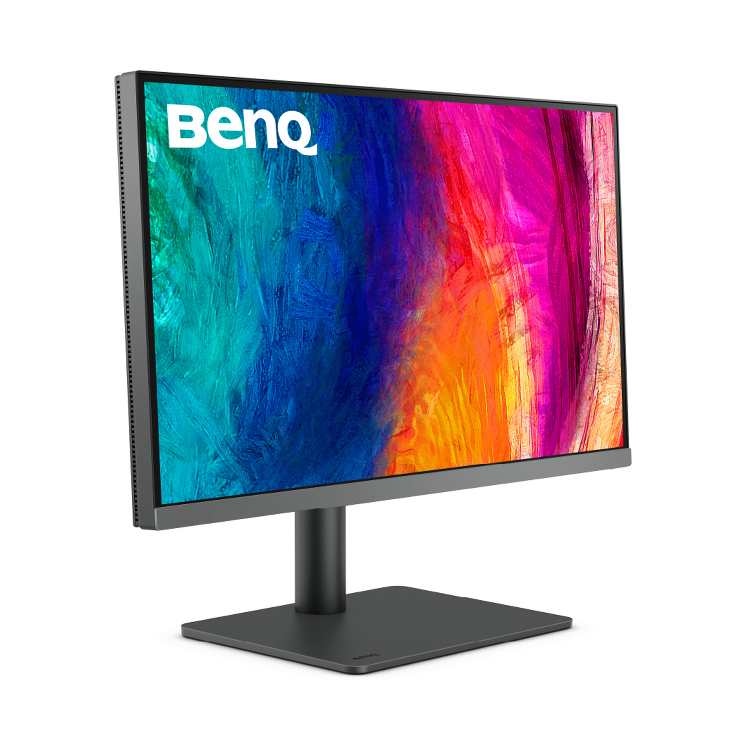 Un moderno monitor BenQ con uno sfondo astratto e colorato sullo schermo.