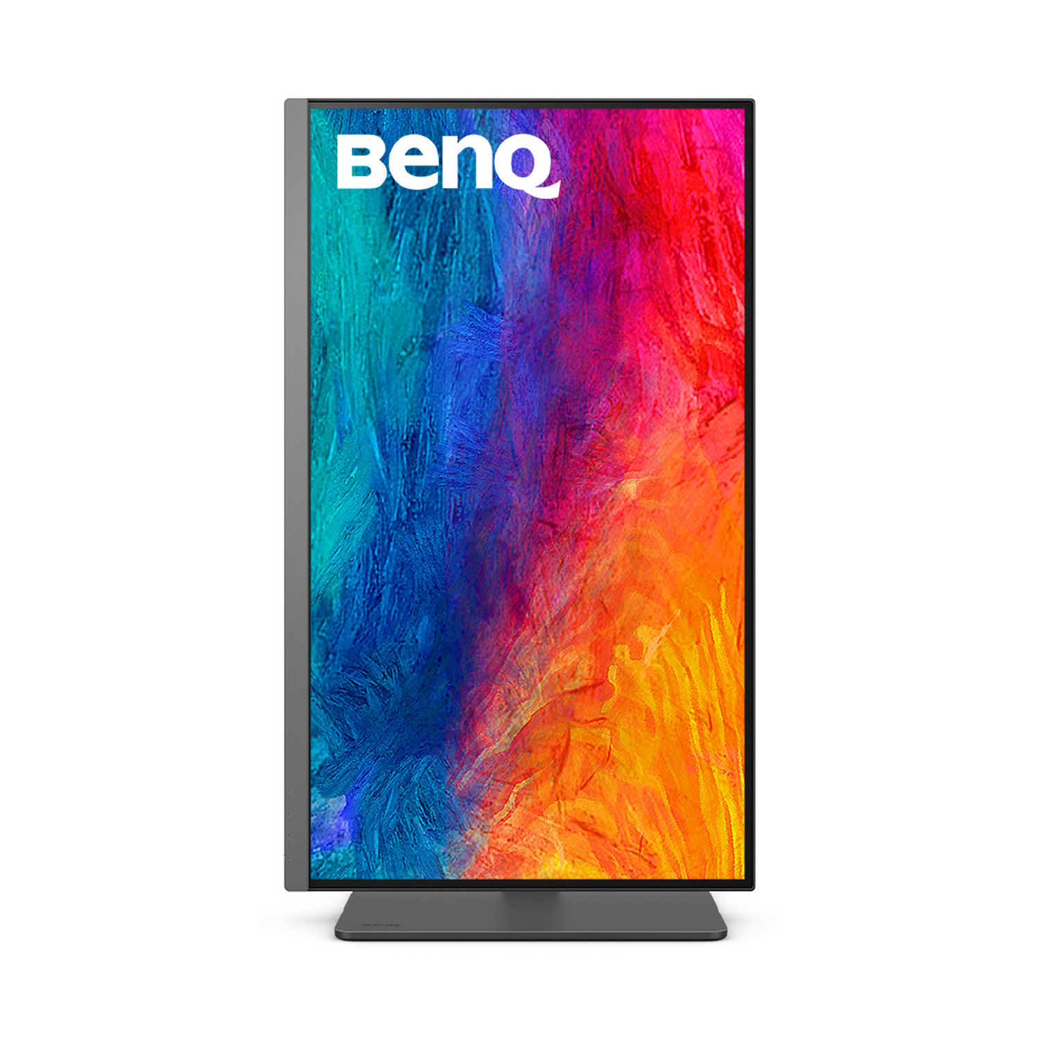 Un monitor BenQ verticale con uno sfondo astratto e colorato.